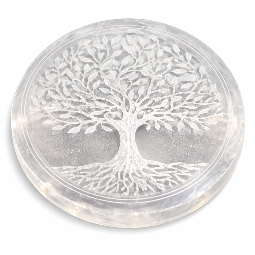 Image of Klaus Selenite Plate Round 15 Cm With Tree Of Life Engraving – Spiritual Charging Plate For Gemstone & Meditation, Tree Of , Esoteric Decor 16599