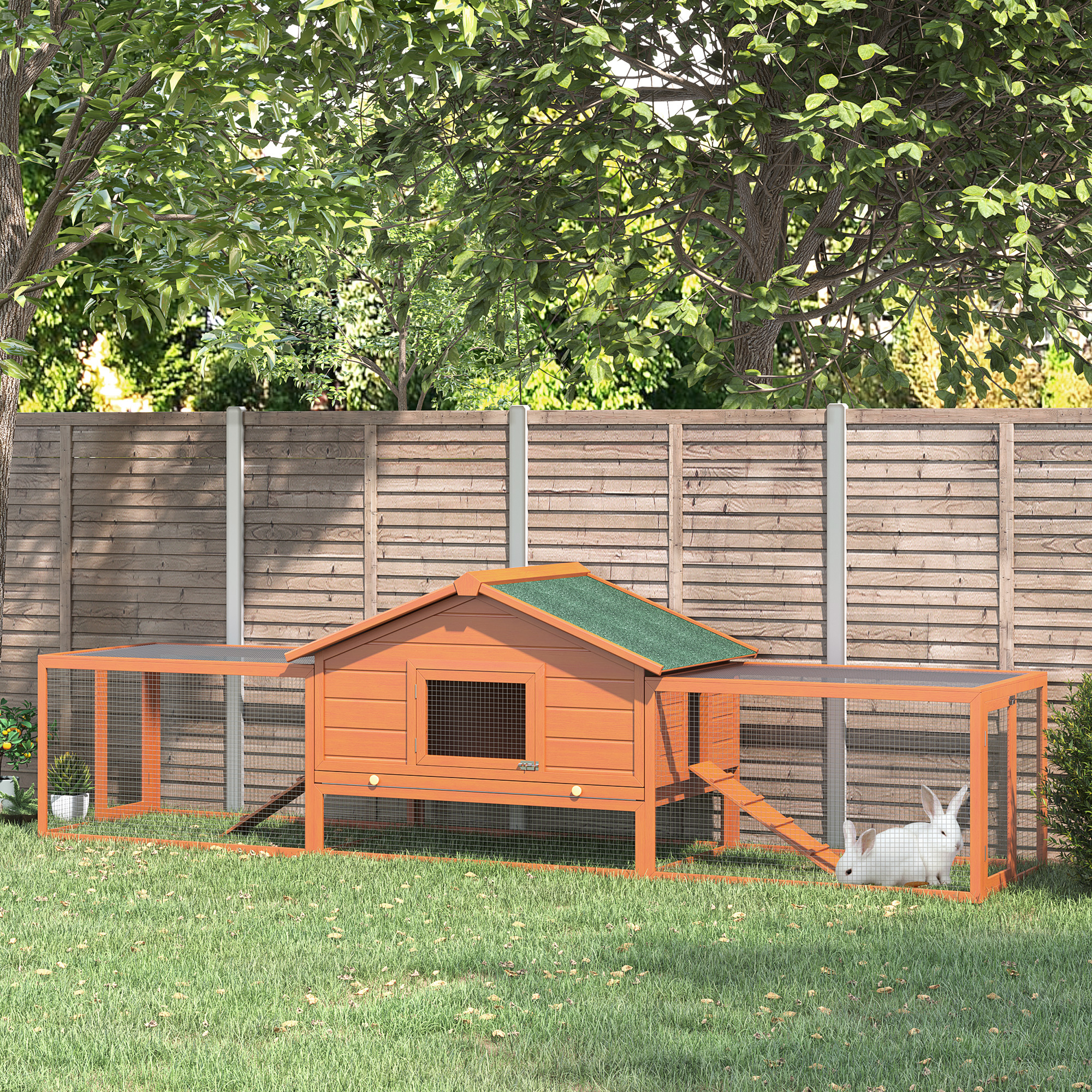 Image of Rabbit Hutch Made Of Wood 309 X 79 X 86 Cm Rabbit Cage With Roof, 2 Outdoor Runs, 2 Ramps, 2 Doors, Weather-resistant Rabbit Hutch For Dwarf Rabbits, Outdoor Nature + Green.
