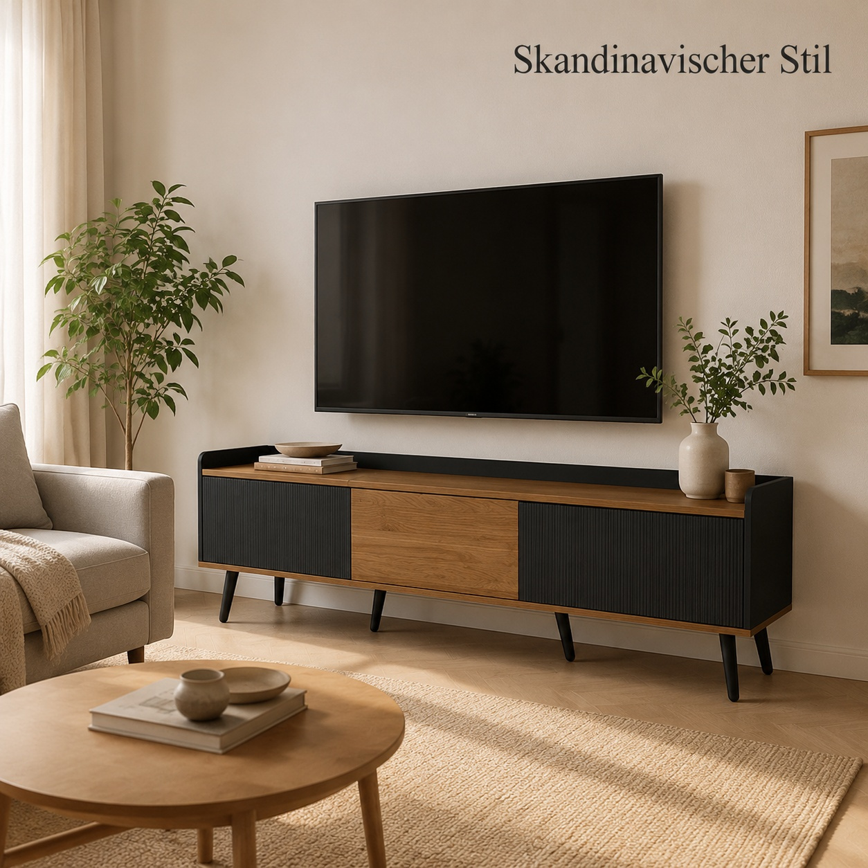 Image of Modern Tv Sideboard, 3 Doors With Striped Design, Spacious Storage, Solid Wood Legs, Sturdy & Easy To Clean, Height 49.5 Cm / Length 160 Cm / Width 39 Cm