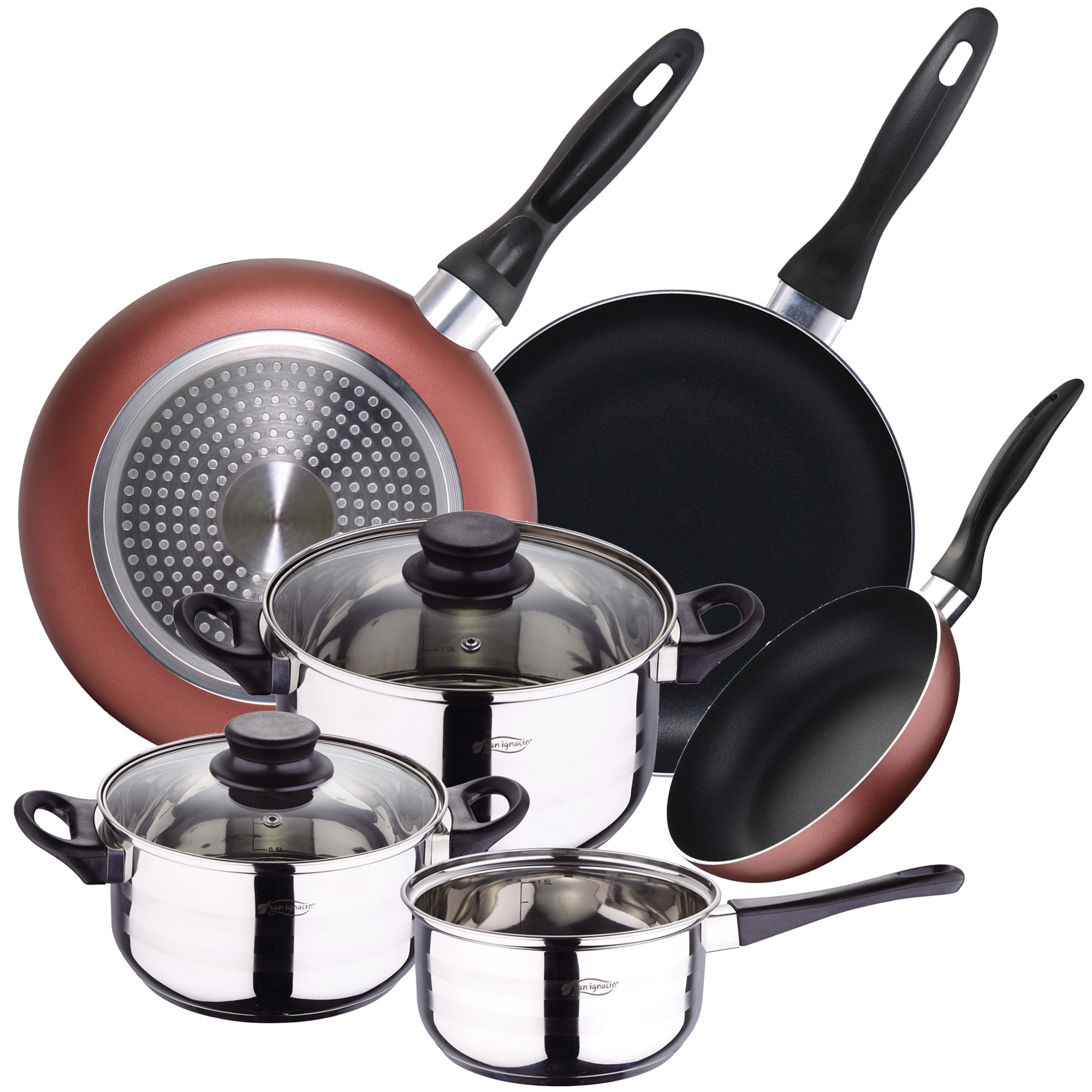 TEMU Bateria de cocina 5 piezas San de acero inoxidable con juego de sartenes (16.20.24 cm) en aluminio prensado aptas para induccion