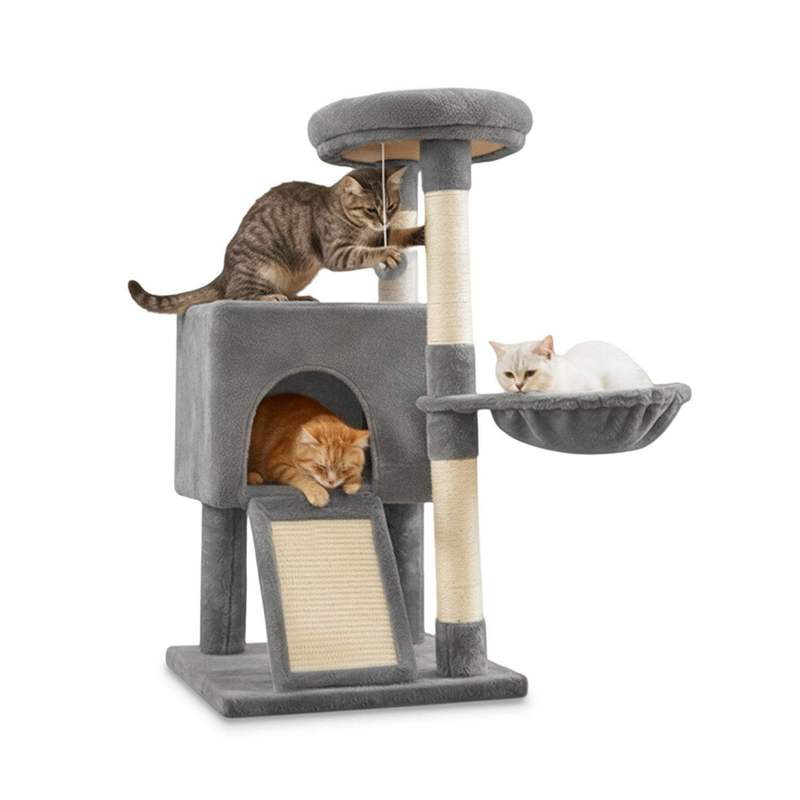 Scratching Post For Cats H 87 Cm In Sisal With Hammock, Platforms And Ball Game - 45x40 Cm
