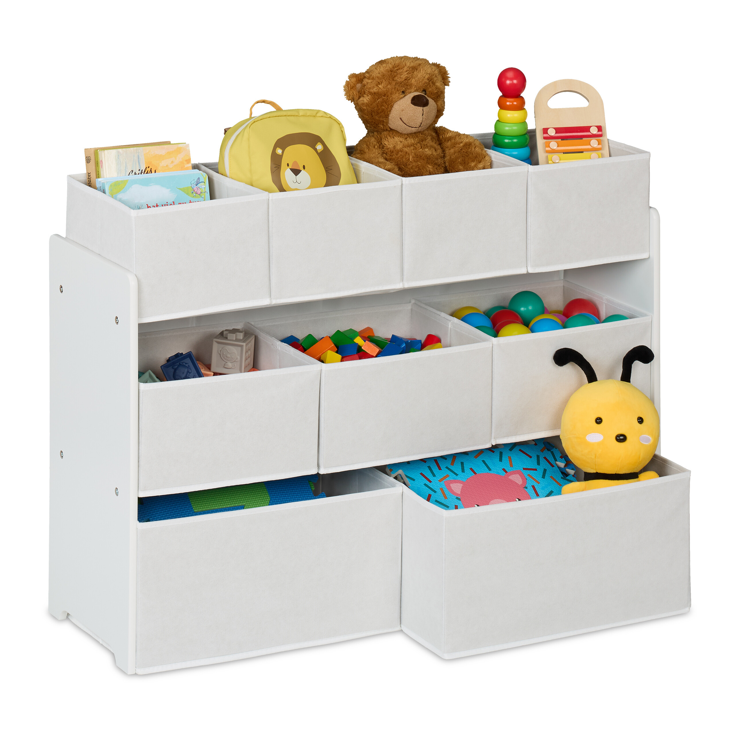 TEMU Estantería infantil 9 cajas de tela, 60 x 92 x 30 cm, MDF, acero y tejido no tejido, blanca, cajas de varios tamaños, altura adaptada a niños,