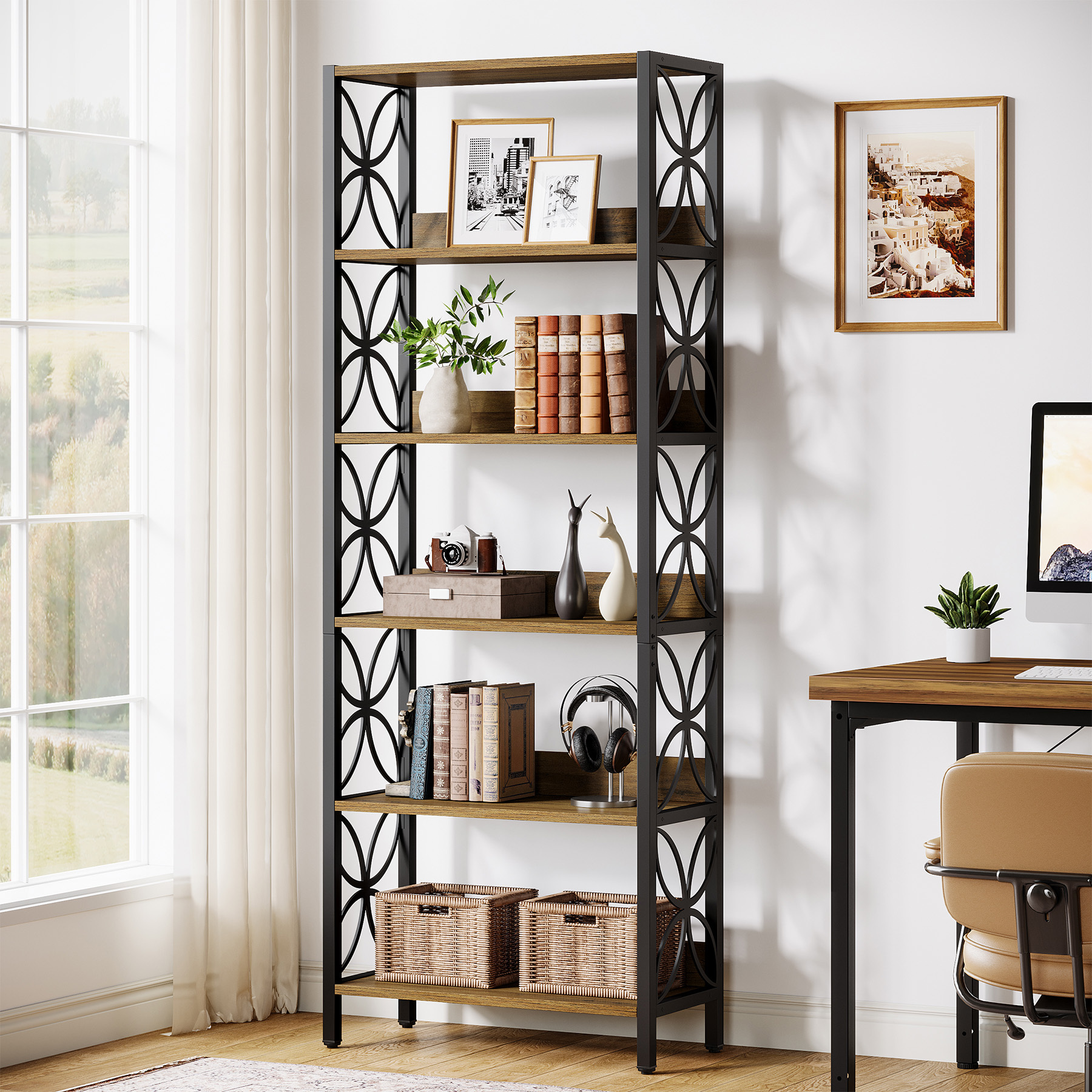Image of Bookshelf With 6 Levels, 180 Cm, Industrial Bookshelf With Metal Frame, Display Shelf For Home Office, Bedroom Bookshelf With 6 Compartments, Modern Furniture For Small Rooms (1