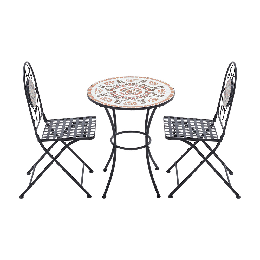 3PCS Mosaic Patterned Table Set with Garden Table and Folding Chairs