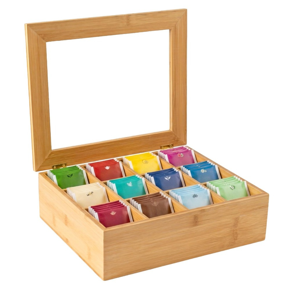 Image of Large Bamboo Tea Storage Box With 12 Compartments – Wooden Tea Bag Storage Box With Acrylic Window, Office Organizer For Tea, Coffee, And Spices. Dimensions: 28.5 .5 X 9 Cm