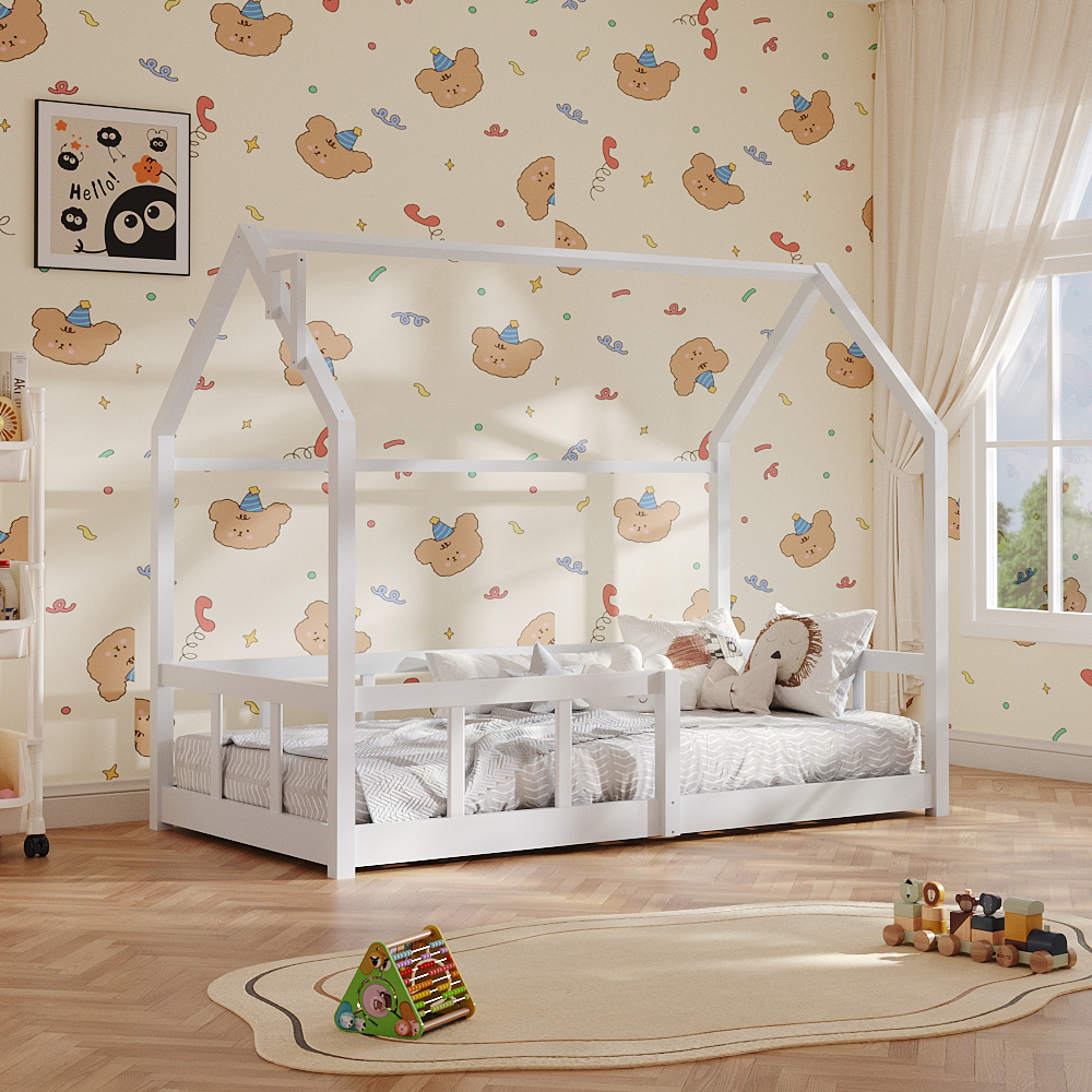 1pc Playful Treehouse Design Kids Bed Frame - 167×87×135cm Solid Pine Wood Construction, Safety Rails Included, Boys/Girls Bedroom Furniture (Mattress Excluded)