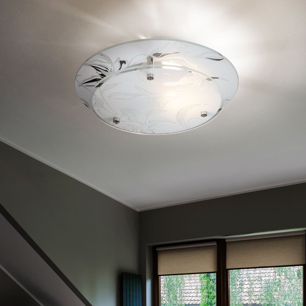 Round Glass Ceiling Light E27 Modern Kitchen Lamp Chrome, White Floral Decor, Dxh 25x9.5 Cm
