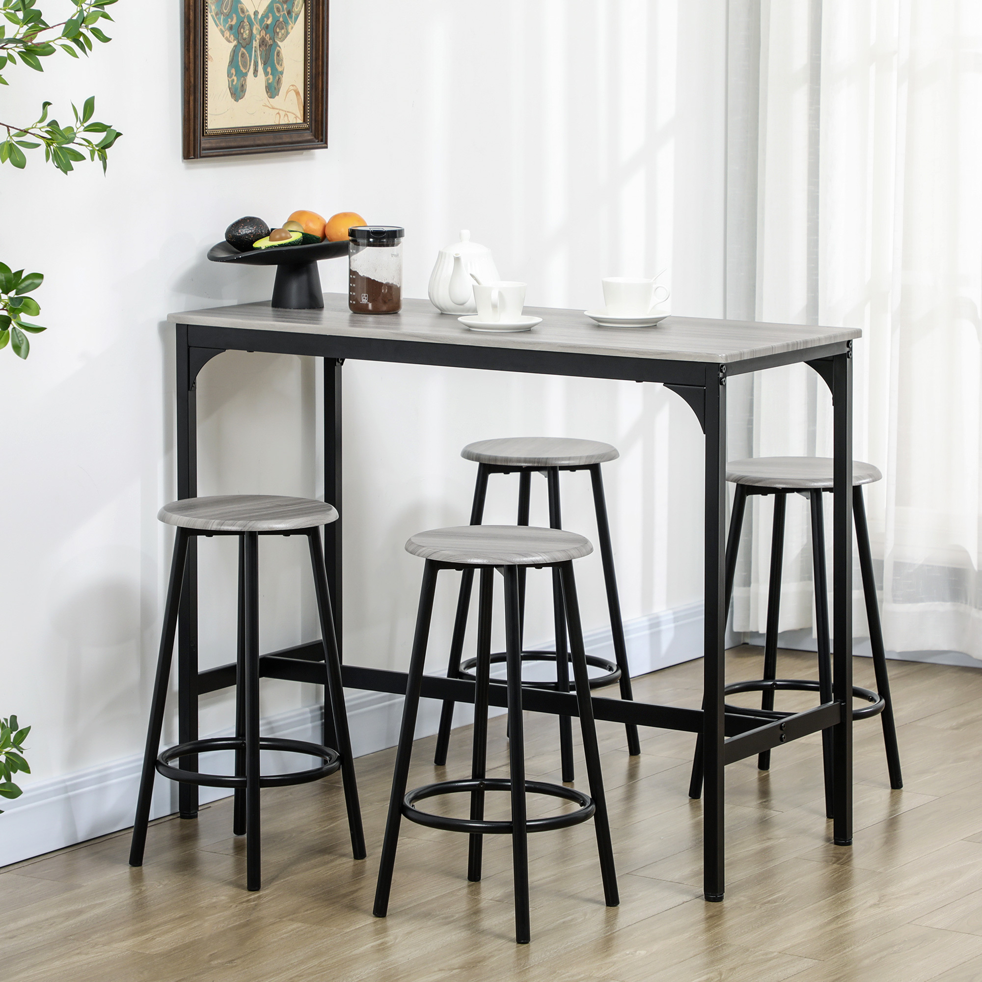 Image of Bar Table Set With 4 Bar Stools, Dining Table For Kitchen, Dining Room, Gray