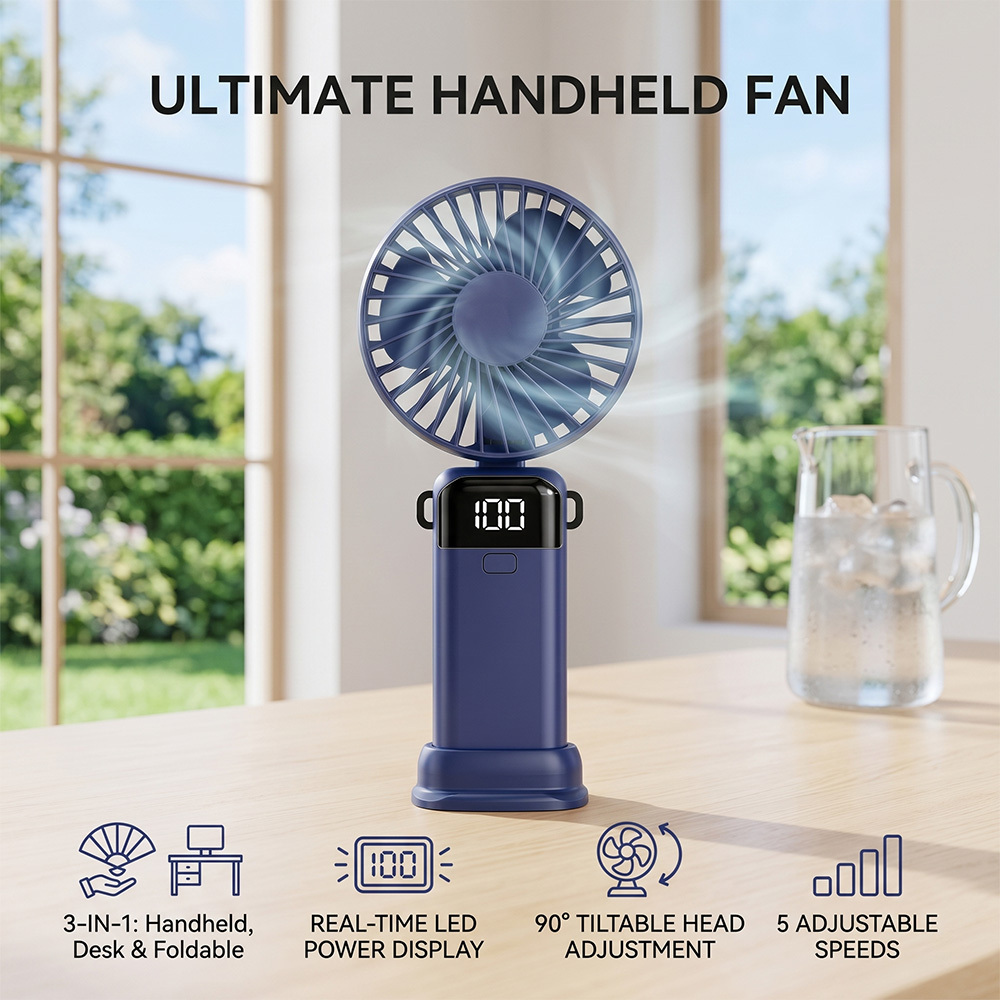 TEMU Ventilateur de poche pliable 3-en-1, à au cou, sur ou à , 3 , rechargeable par USB-C, ventilateur portable, 5 vitesses réglables, écran LED, de