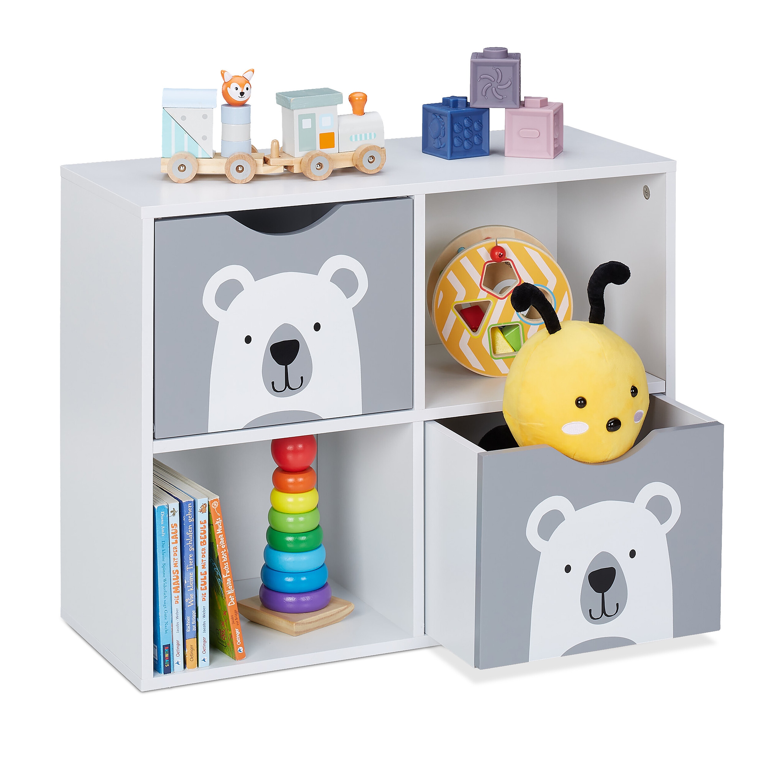 TEMU Scaffale per bambini motivo orso, 2 cassetti e 2 aperti, 48 x 60 x 24.5 cm, MDF, /grigio, altezza adatta ai bambini, per cameretta, porta