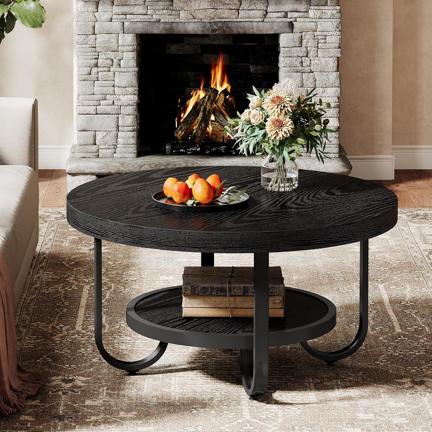 Image of Vintage Round Coffee Table, Industrial 2-tier Sofa Table With Storage Shelves, 79 Cm Middle Table, Sofa Side Table With Sturdy Curved Metal Legs For Living Room, Home Office (brown)