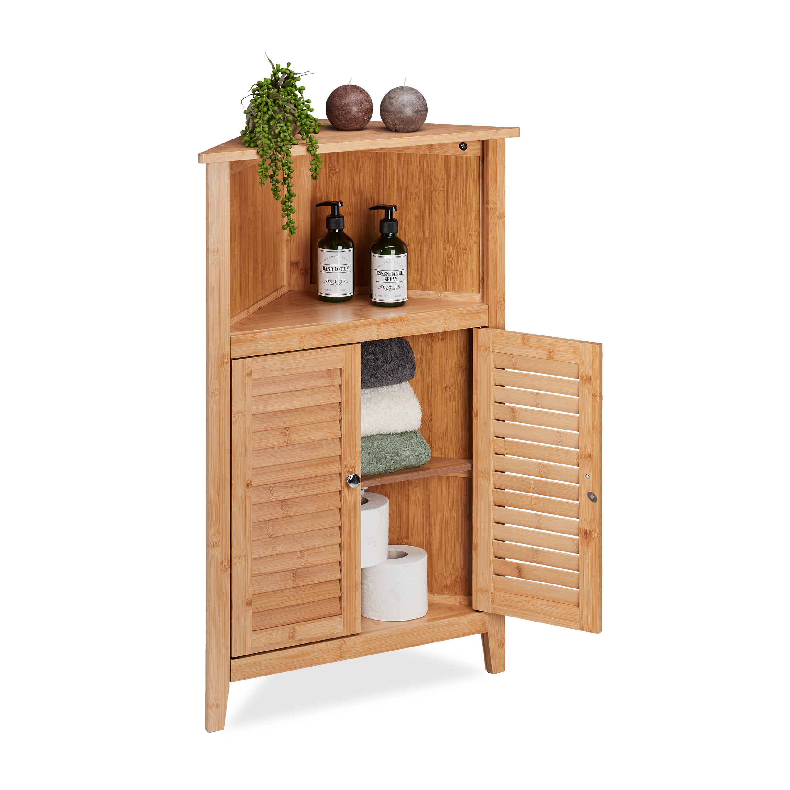 TEMU Corner Bamboo Cabinet, 2 Slatted Doors, 3 Compartments & Shelf, 92 X 58 X 30 Cm, Bamboo & Mdf, Natural Finish, Space-saving For Bathroom,