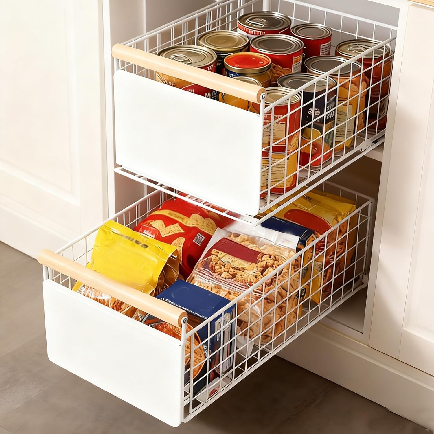 Telescoping Drawers For Kitchen Cabinets, Extendable Cabinet Organizer (38x23x18.5cm) With Adhesive Pads Or Screws, Quiet Rails Kitchen Organizer Cabinet For Pots And Pans (white, 2-pack)