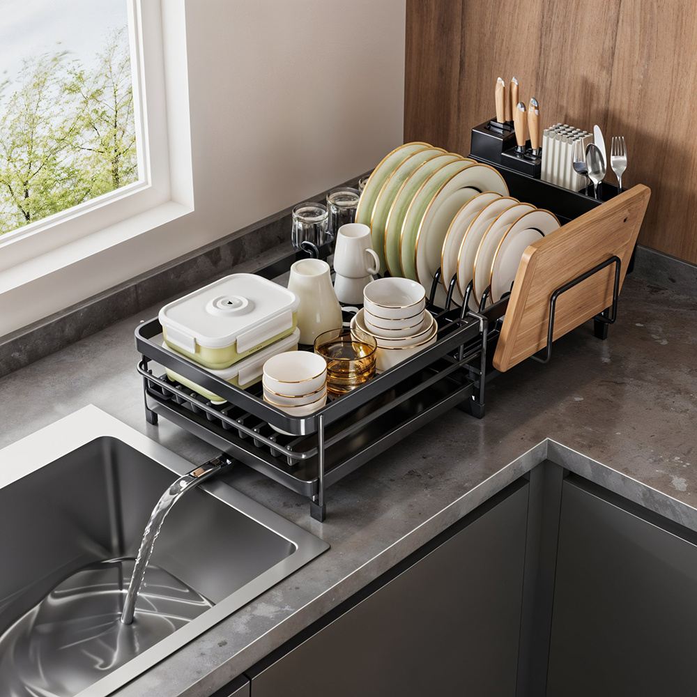 TEMU Adjustable Multi-functional Dish Drainer Rack For The Kitchen, Wrought Iron Kitchen Utensil Rack, Large Capacity Storage Organiser With Drain