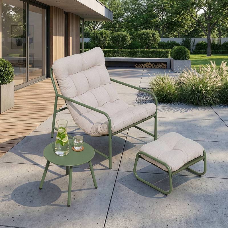 Image of Trerdfjoa 3-piece Garden Furniture Set With Garden Chair, Garden Table, And Footstool, Metal Frame