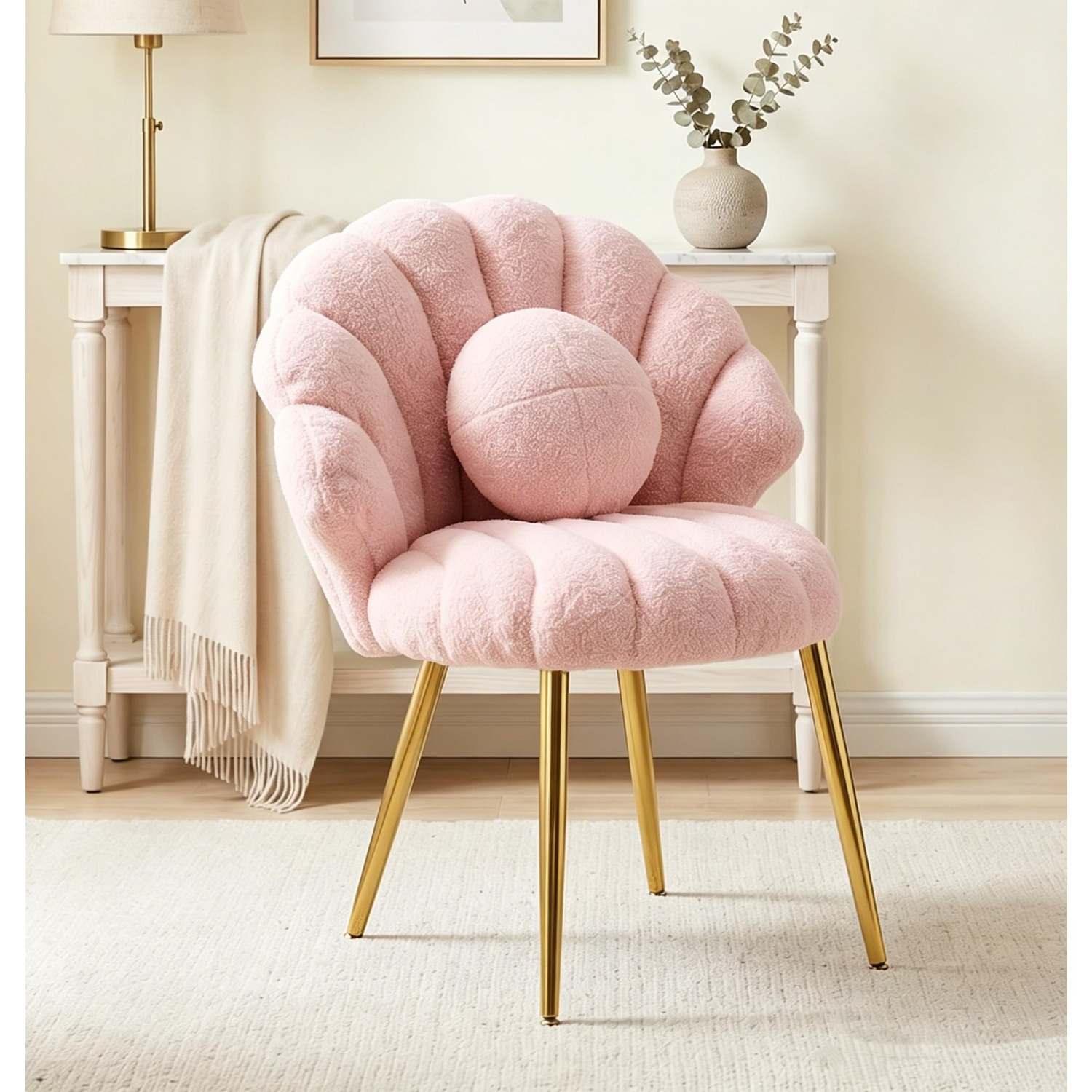 Image of Indoor Leisure Makeup Chair, Shell-shaped Armchair For The Living Room, Modern Teddy Fabric Armchair With Padded Backrest And , Supports Up To 150kg, For The Bedroom (pink)