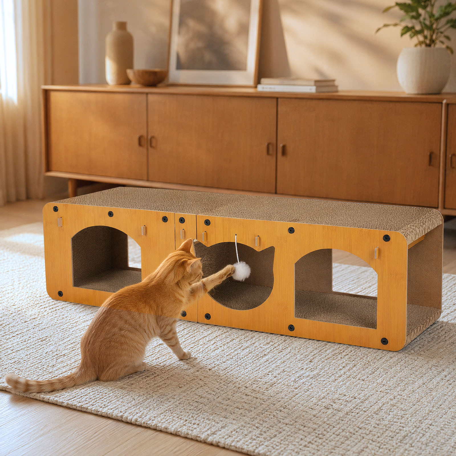 Image of 100cm Cat Tunnel Scratching Board, Extra Long Corrugated Cardboard Play Tunnel With Hanging Balls