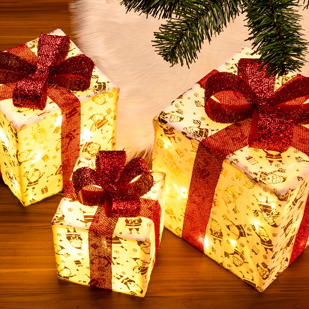 TEMU BAKAJI Set 3 Pacchetti Regalo Luminosi di Natale con Decorazioni e Addobbi Luci LED, Box Natalizie Luminose con e Base Bianco e Oro, Luce Bianco