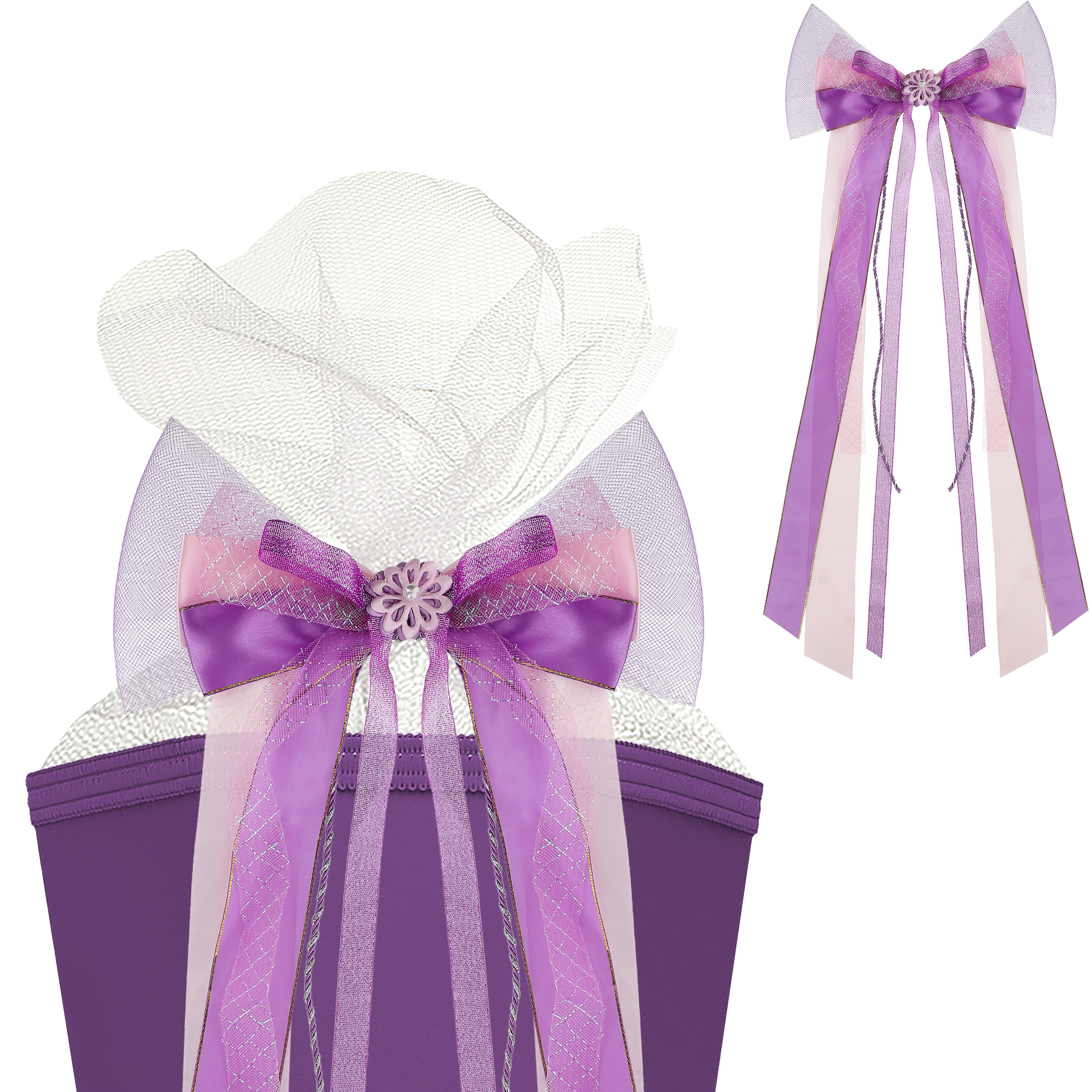 Image of Large 3d Effect - Loop - For - Bloom - Lilac And Violet - 24 Cm Wide And 60 Cm Long - With Elegant Satin Ribbons + Lace Ribbon + Glitter Ribbon + Tulle...