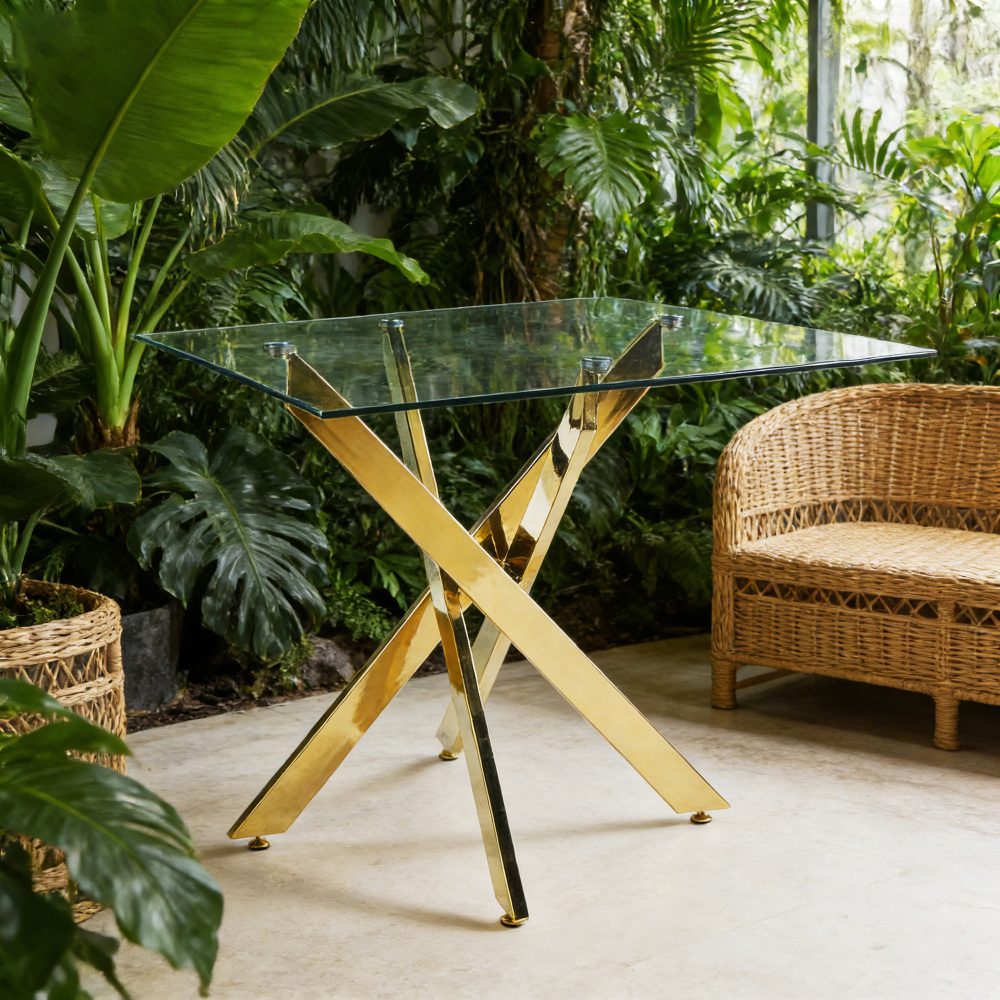 Image of Modern Glass And Metal Coffee Table – Coffee Table, Side Table, Dining Table For Living Room, Balcony, Home Office, Sturdy, Easy To Clean, Assemble, Includes Mounting Accessories, Design, 80x80x75cm