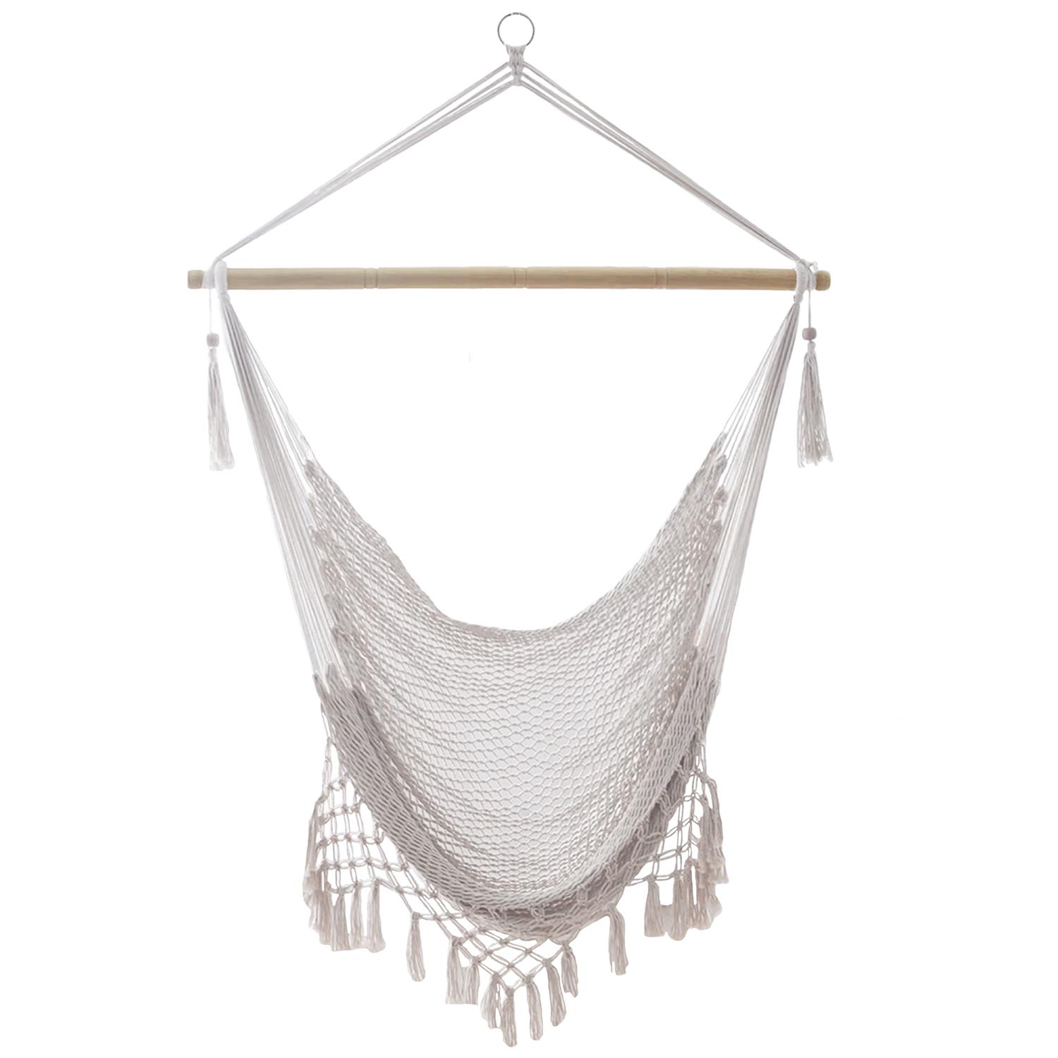 Image of Macrame Cotton Hanging Chair In Beige With Fringe Edge - 90 X 130 Cm - Comfortable Space- And Breathable Seating For Adults And Children Indoors And Outdoors