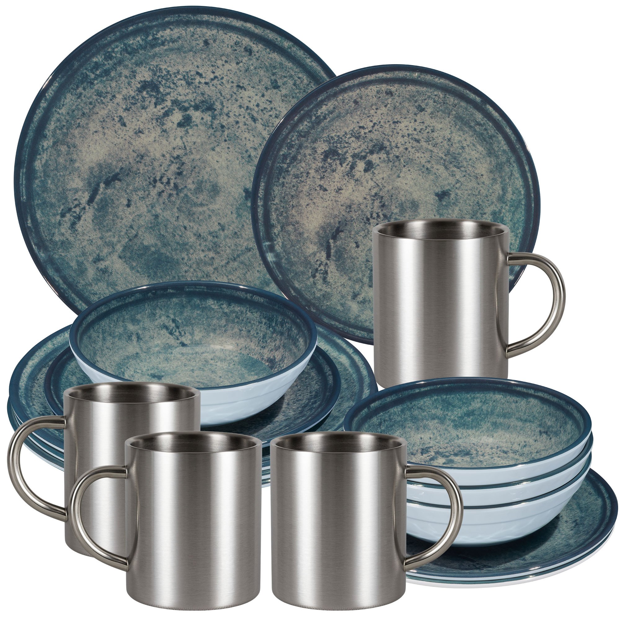 Image of Camping Dishware Moon Granite Blue-grey For - 16pcs - With Stainless Steel Thermo Cups Dishwasher-safe Dining Set Camping Accessories Camping Dishware Camping Festival Picnic Garden Party