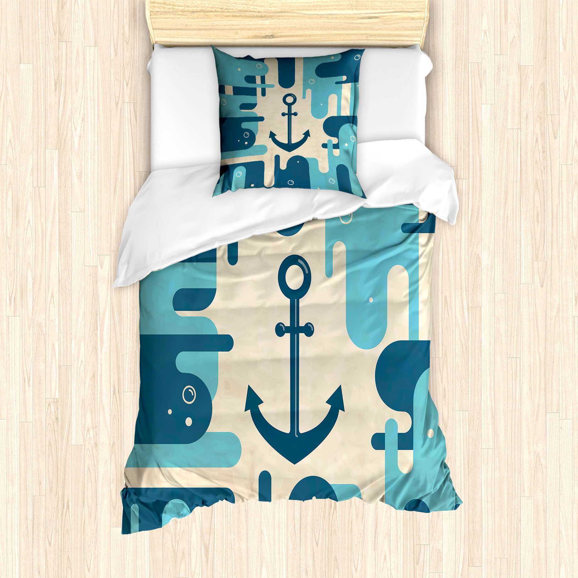 Image of Anchor Bed Sheet Set For Single Beds, Sea , Soft Microfiber Fabric Suitable For Allergies, No Fading, Cream Dark Blue