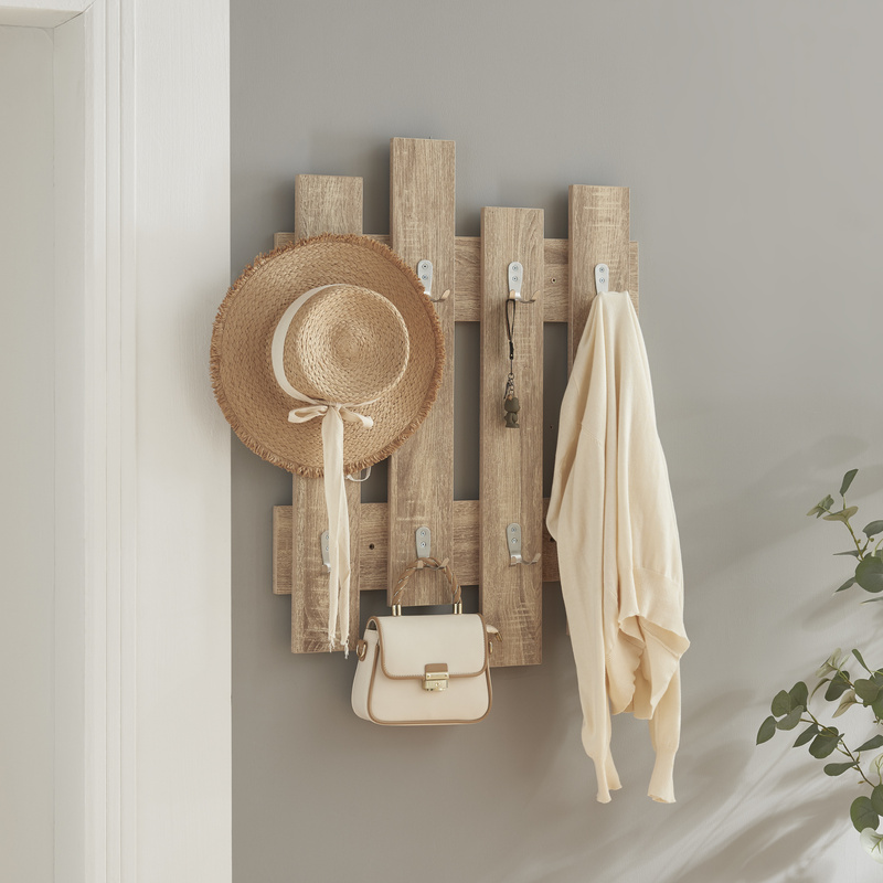 Wall Coat Rack 'raseborg' With 16 Hooks, 60 X 80 Cm, Oak Finish