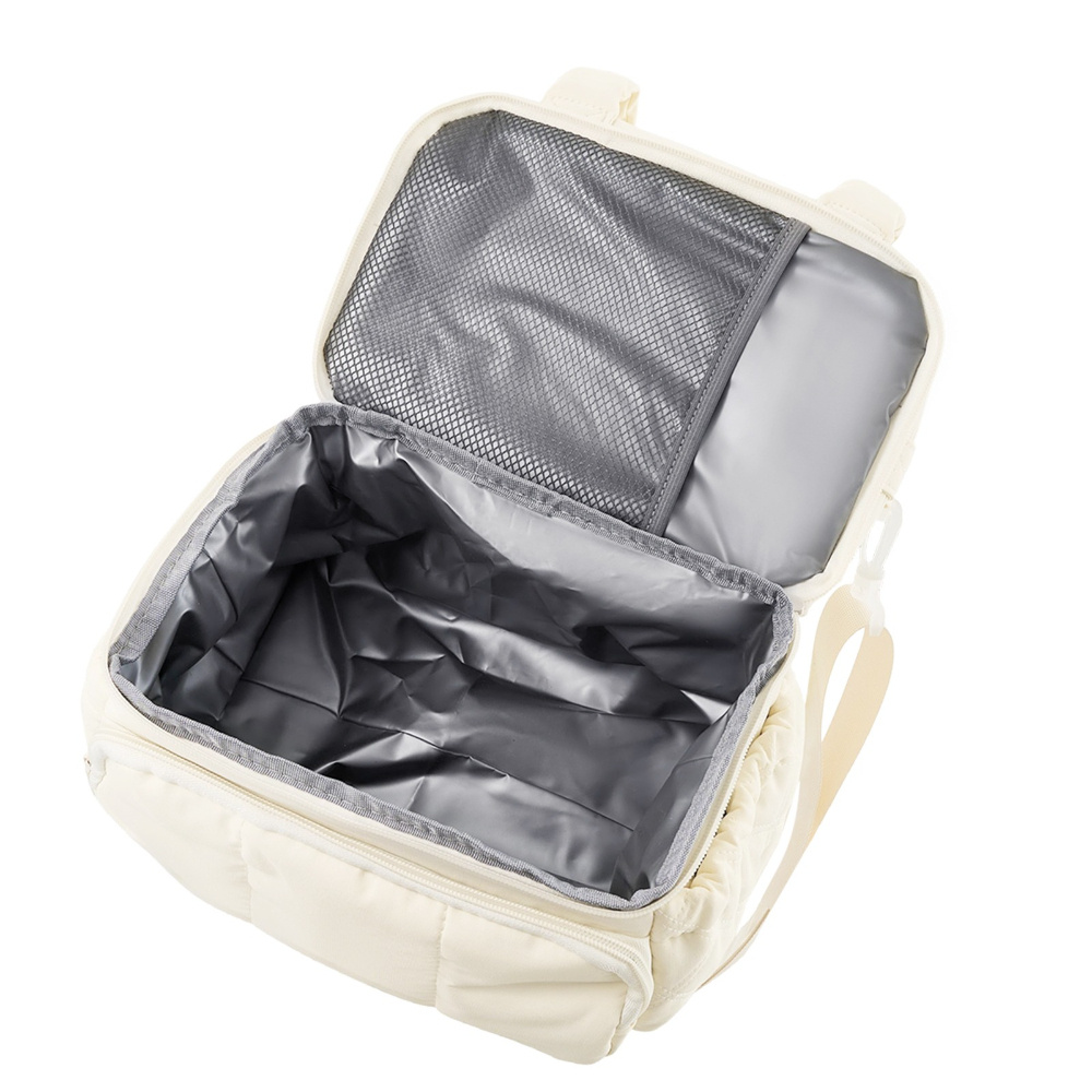 Beige Double Layer Insulated Lunch Bag with Adjustable Shoulder Strap