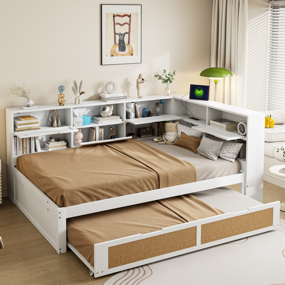 Multifunctional Wooden Bed, Daybed With Rattan Filling And Storage Space, 140x200 Cm Bed Frame With Pull-out Function, Ideal For Guest Rooms