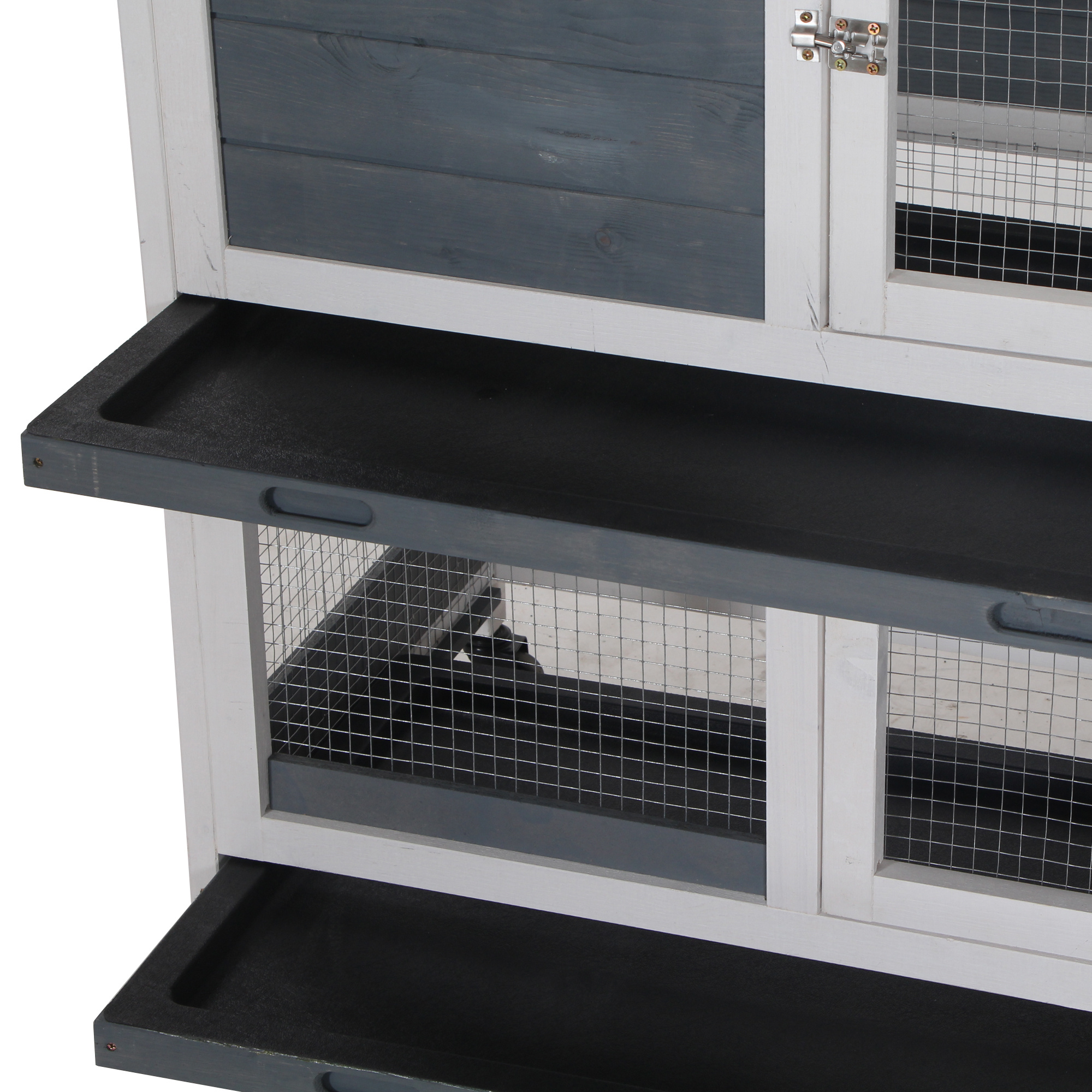 Pawhut Rabbit Clapier Wooden Rabbit Hutch on Wheels 147 X 45.5 X 88.5 Cm 2-Tier Rabbit Cage with Opening Roof 3 Removable Trays 3 Doors with Latch And Ramp Grey