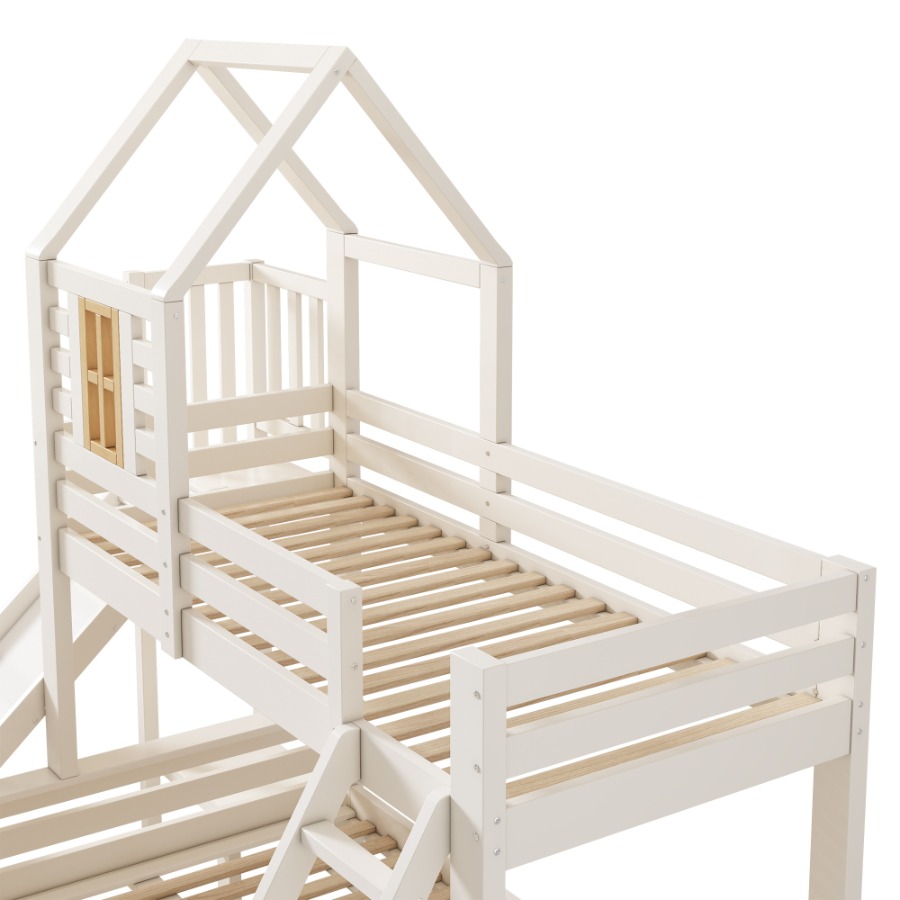 Bunk Beds for Kids, Wooden Cabin Bed with Ladder and Slide, Multi-functional Tree-house Bed, Children's House Bed, Twin Sleeper (90+135) x 190 cm, Solid Wood, White