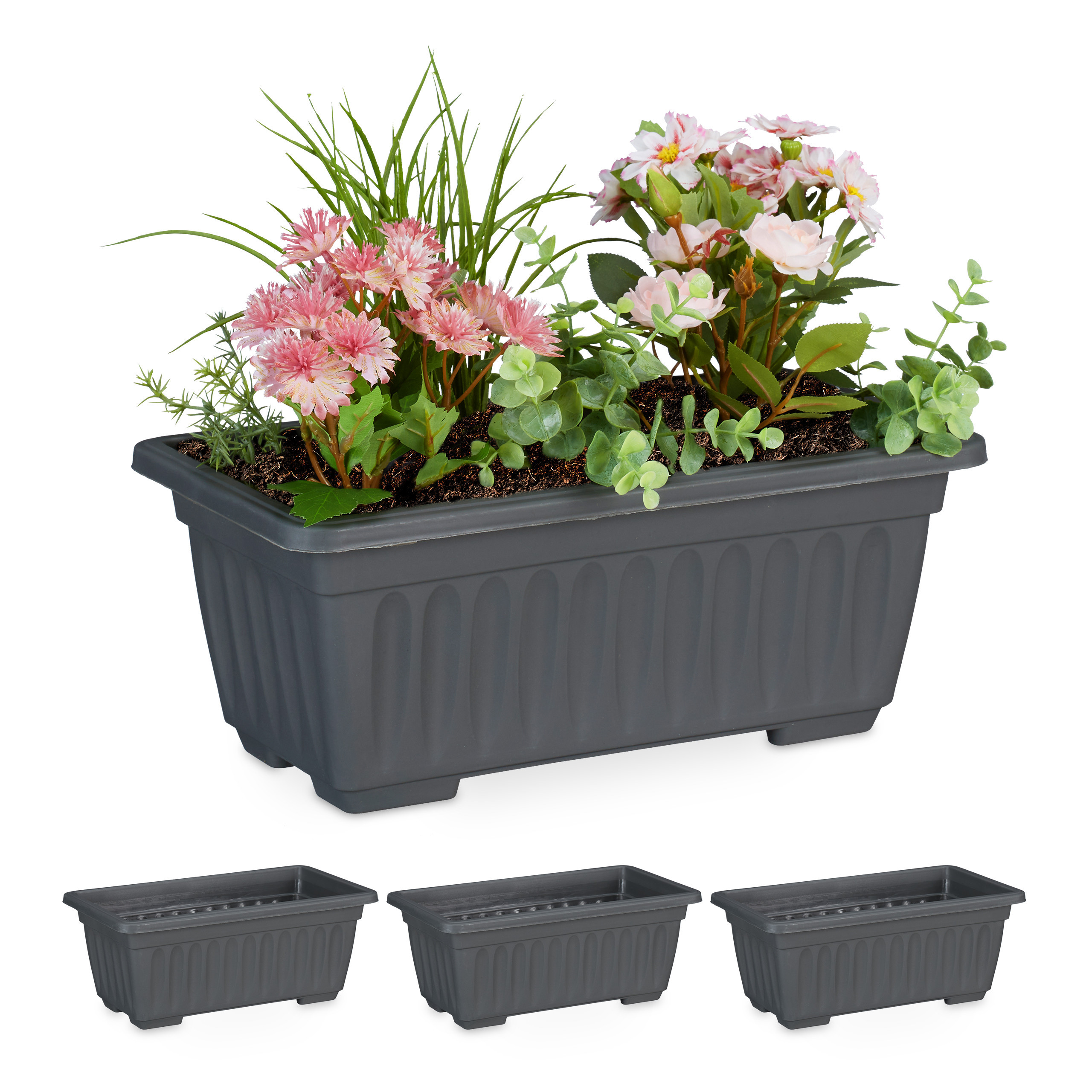 Image of Flower Boxes, Angular, 4pcs Set, 14 X 34 X Cm, Plastic Pp, , Weather-resistant And Stackable, For Balcony, Garden, Apartment, Windowsill And Herbs, Planters, Flower Pots, Plant Containers, Relaxdays