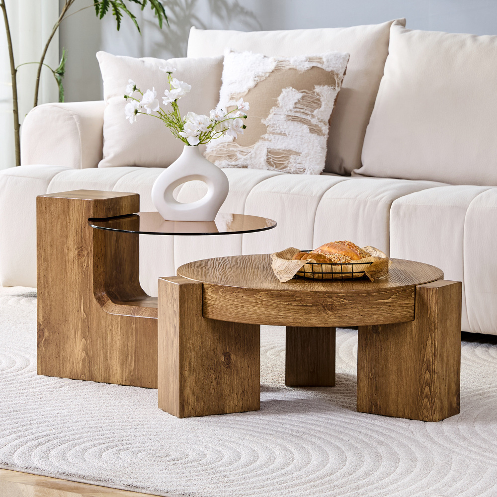 Round Coffee Table 2 Levels – Transparent Brown Glass + Oak Wood Optic, Innovative L-shapedlegs, Disassemblable Design, For Bedroom & Reading Nook