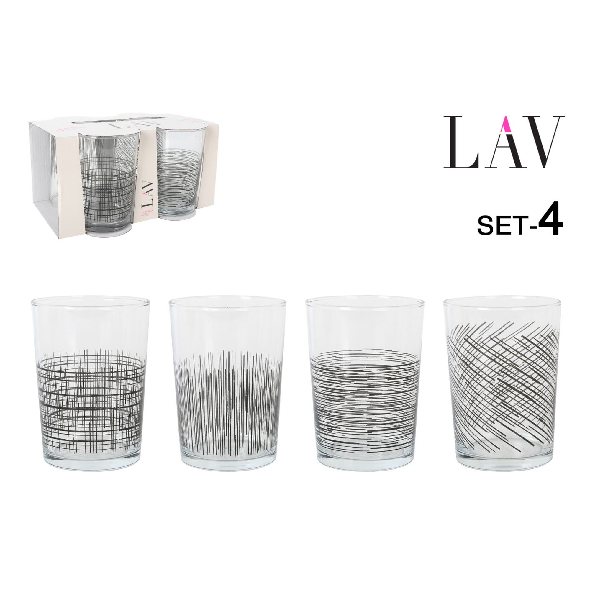 TEMU LAV | Set de 4 vasos de 520cc para , vasos altos con múltiples diseños de líneas negras, estilo moderno y elegante, ideal para aperitivos,