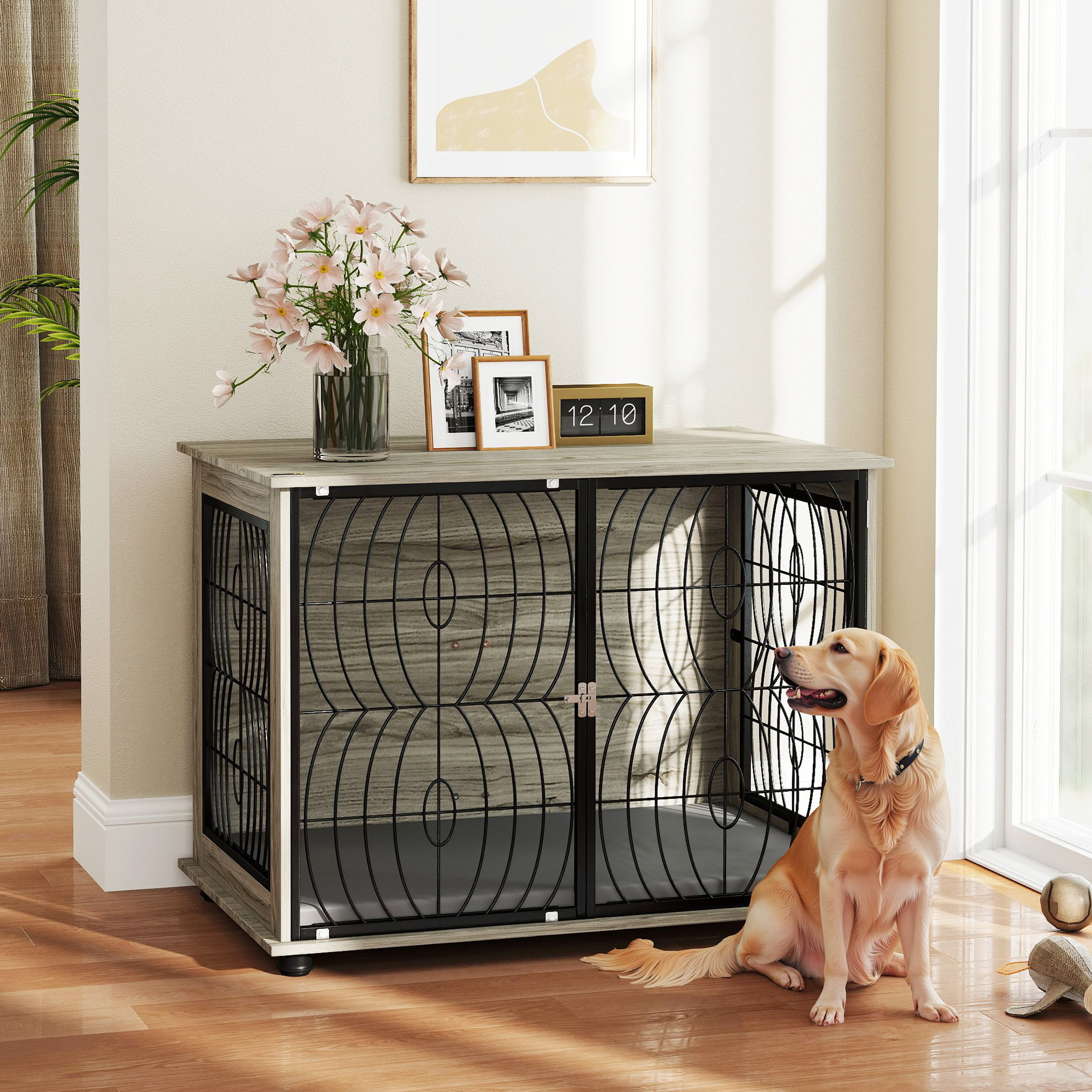 Image of Dog Cage Furniture 100cm Dog Box For Home, House With Cushion, Window, Lockable Dog House For Large Dogs Up To 30kg, 100 X 60 X 73.5 Cm Gray