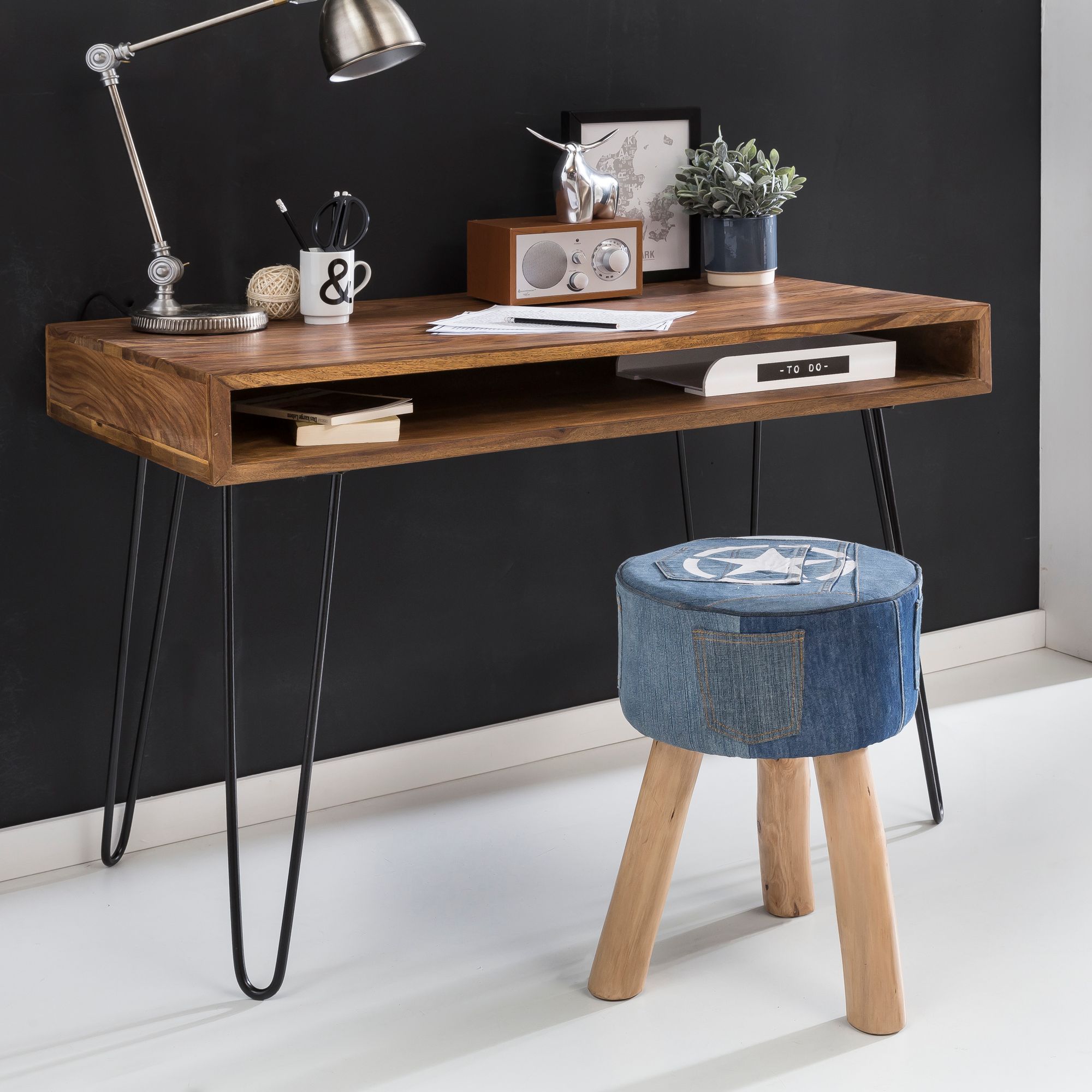 Massive Harlem Solid Wood Desk 110 X 60 X 76 Cm With Shelf, Solid Wood Computer Desk With Metal Legs, Wooden Pc Desk Design