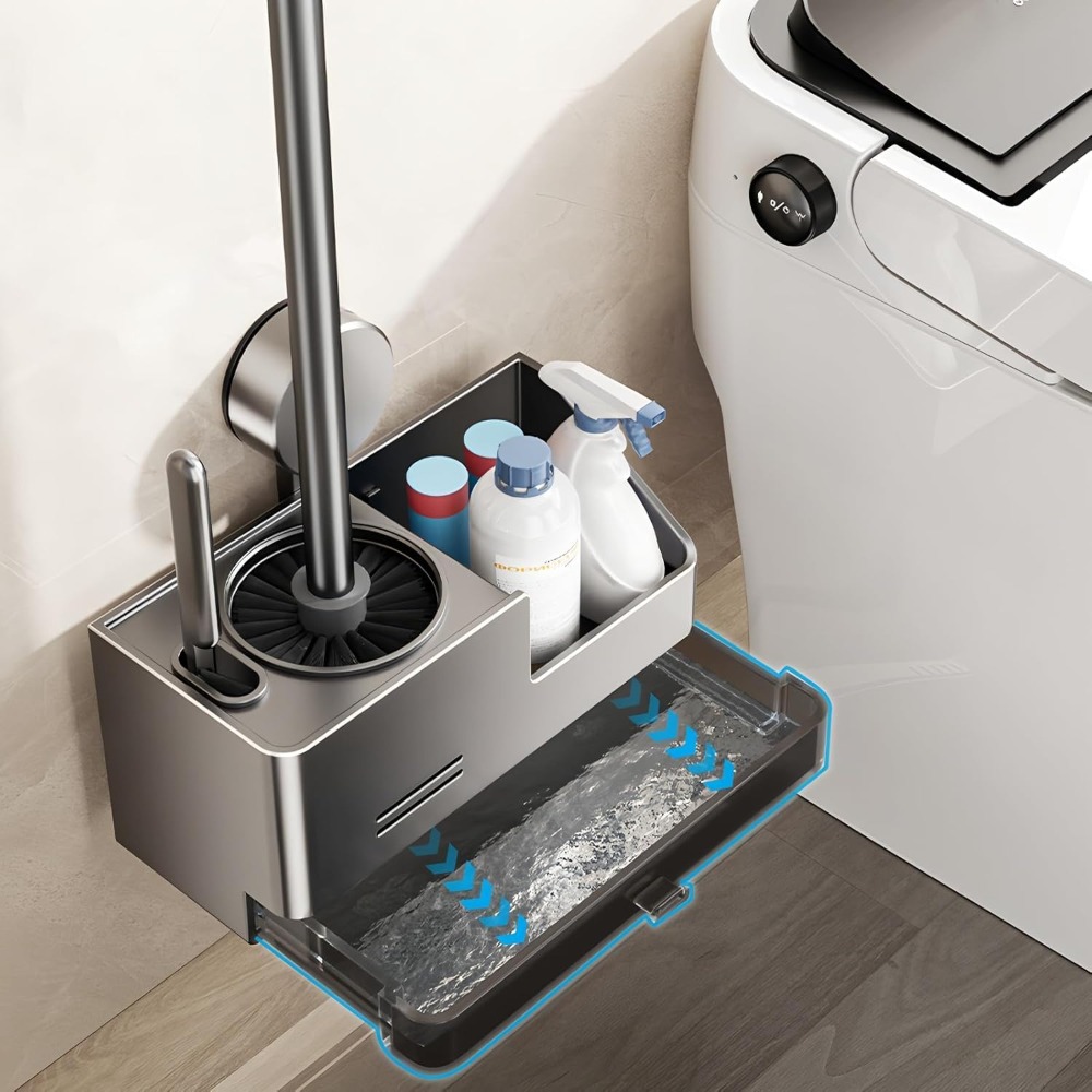 TEMU Wall Mounted Toilet Brush Holder With Storage, Silicone Bristle Toilet Brush Set, Bathroom Organizer With Drainage Design For Toilet Cleaning &