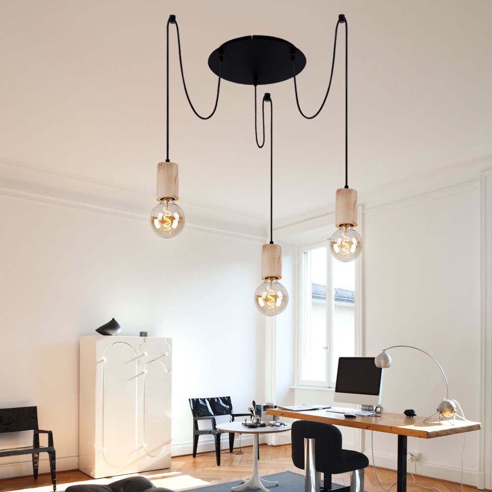 Image of Pendant Light, Hanging Lamp For Dining Room, 3-light Farmhouse Style, Natural Wood And Black Metal, E27 Sockets, Dxh 35x160cm