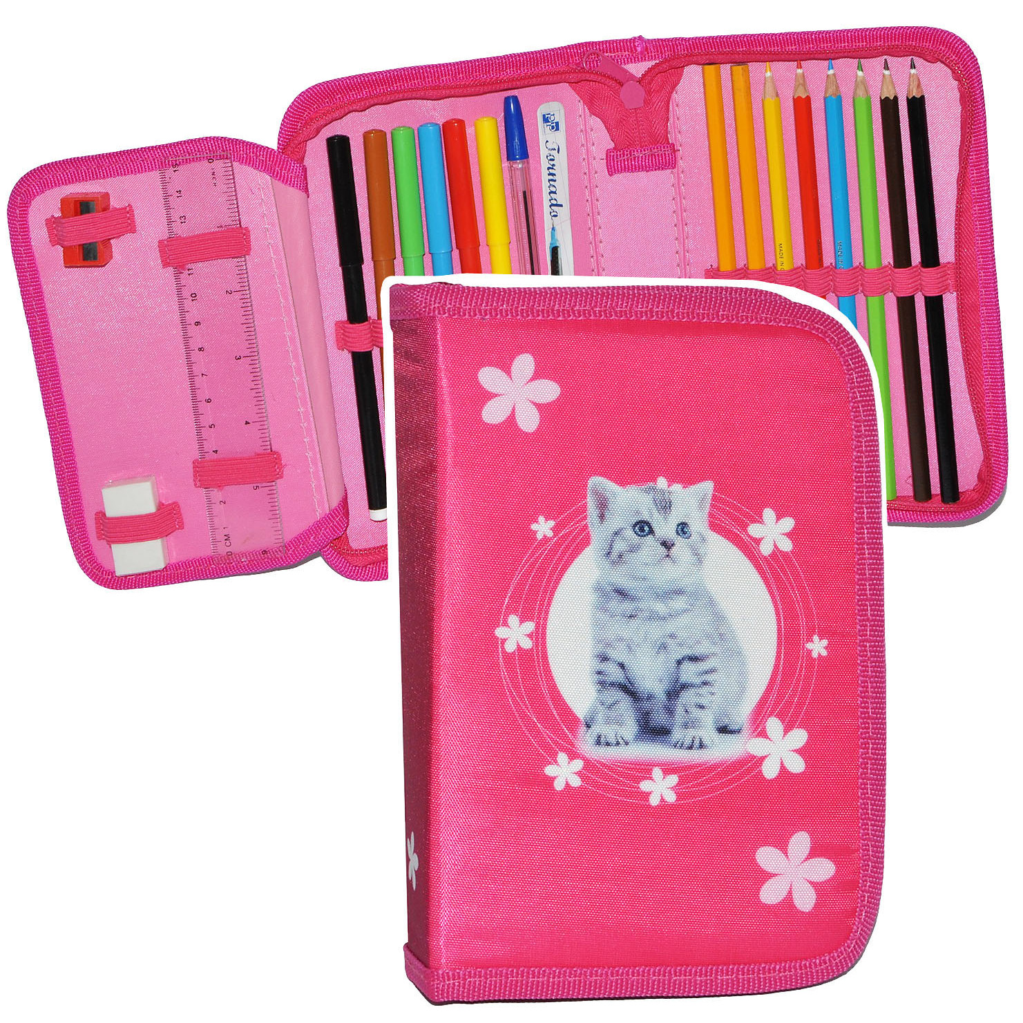 Image of 25-piece Set - Filled Pencil Case - " / Kitten" - Student Pencil Case - With Pens And Ruler - 1 Compartment / 2 Flaps - Pencil Pouch - For Kids' Slate
