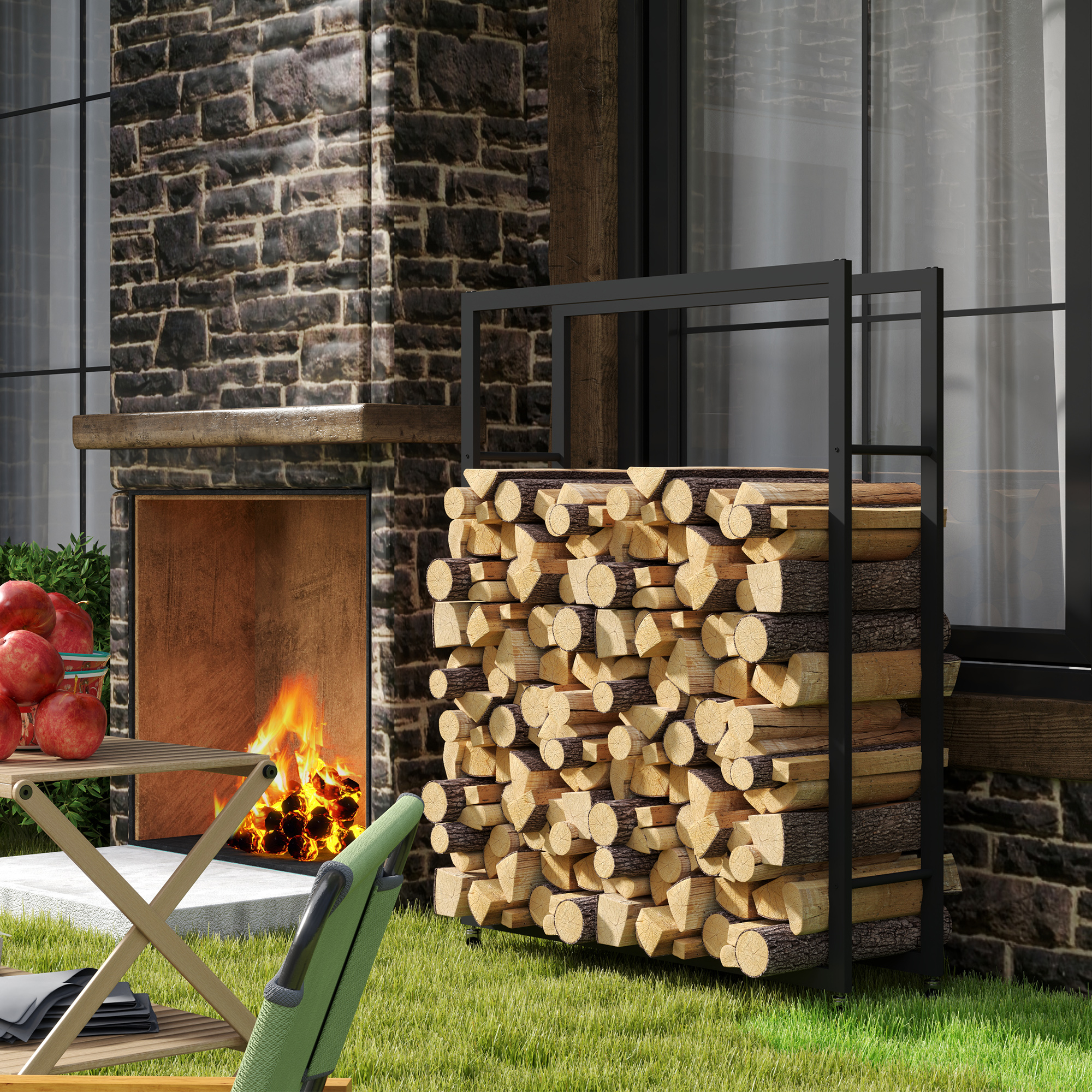Image of Firewood Rack 120 X 32 X 151 Cm Firewood Rack With Wheels, Indoor, Outdoor, Metal, Black
