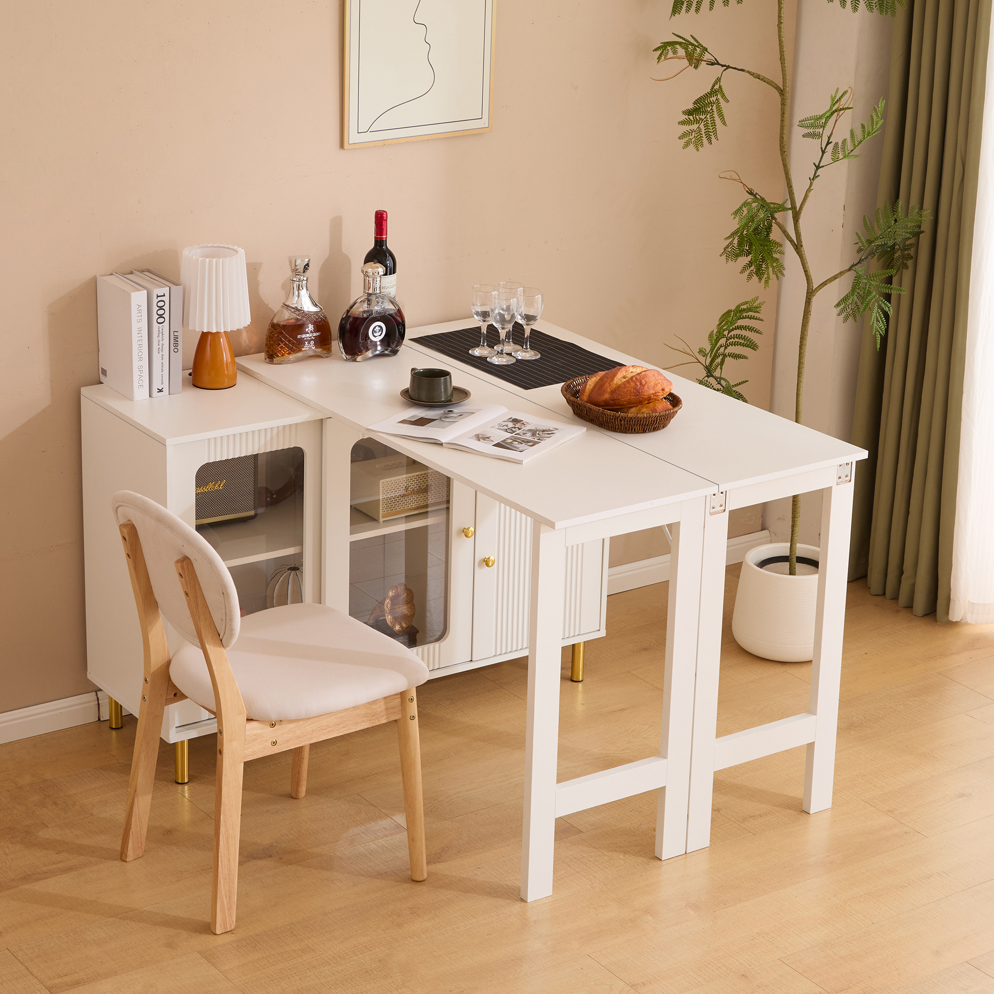 Image of Modern White Buffet Sideboard With Folding & Extendable Tabletop, Rotating Surface, Golden Metal Legs, Wave-patterned Glass Sliding Doors, Multipurpose Cabinet For Dining Room And Kitchen