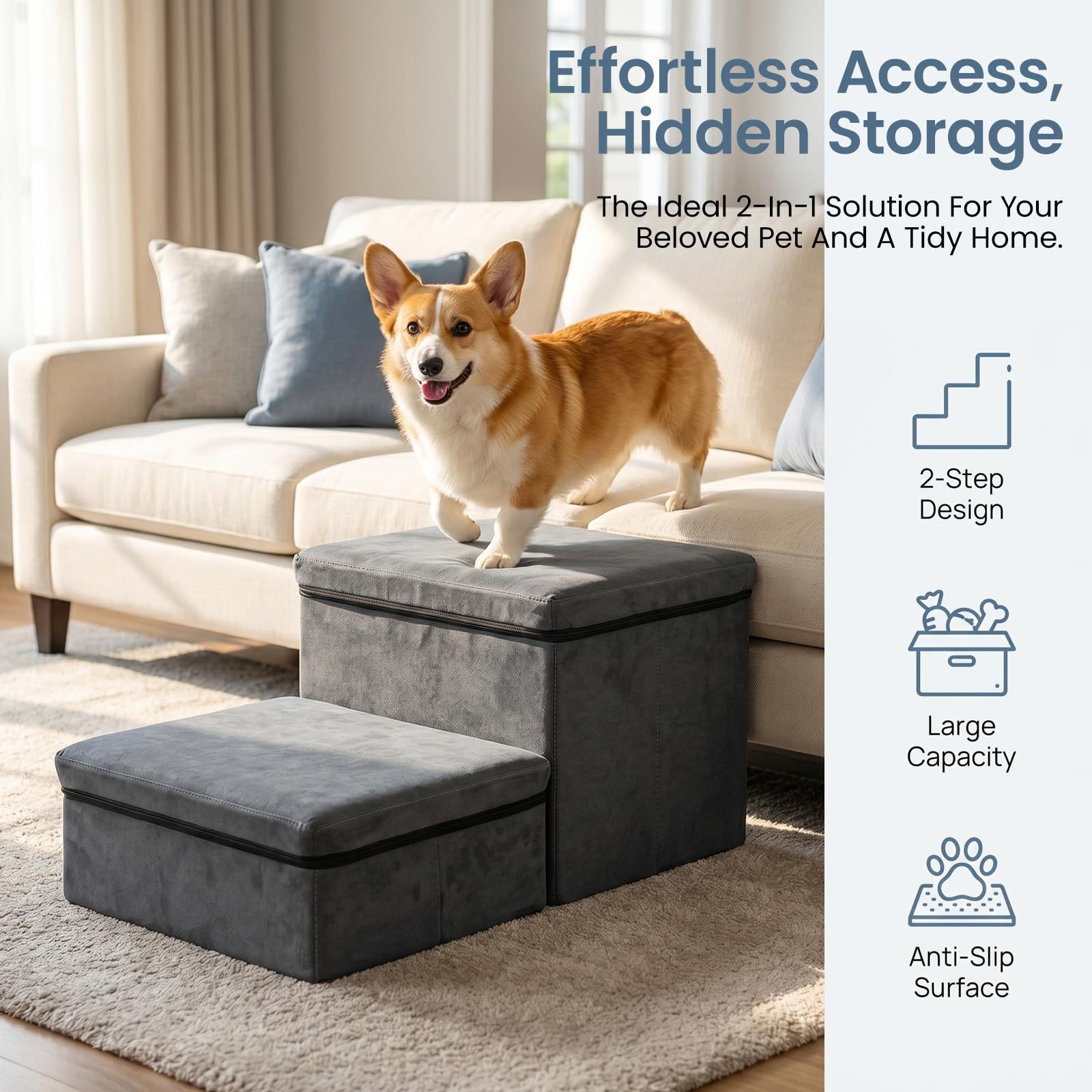 Dog Stairs with Storage, Foldable Pet Steps for Bed and Sofa