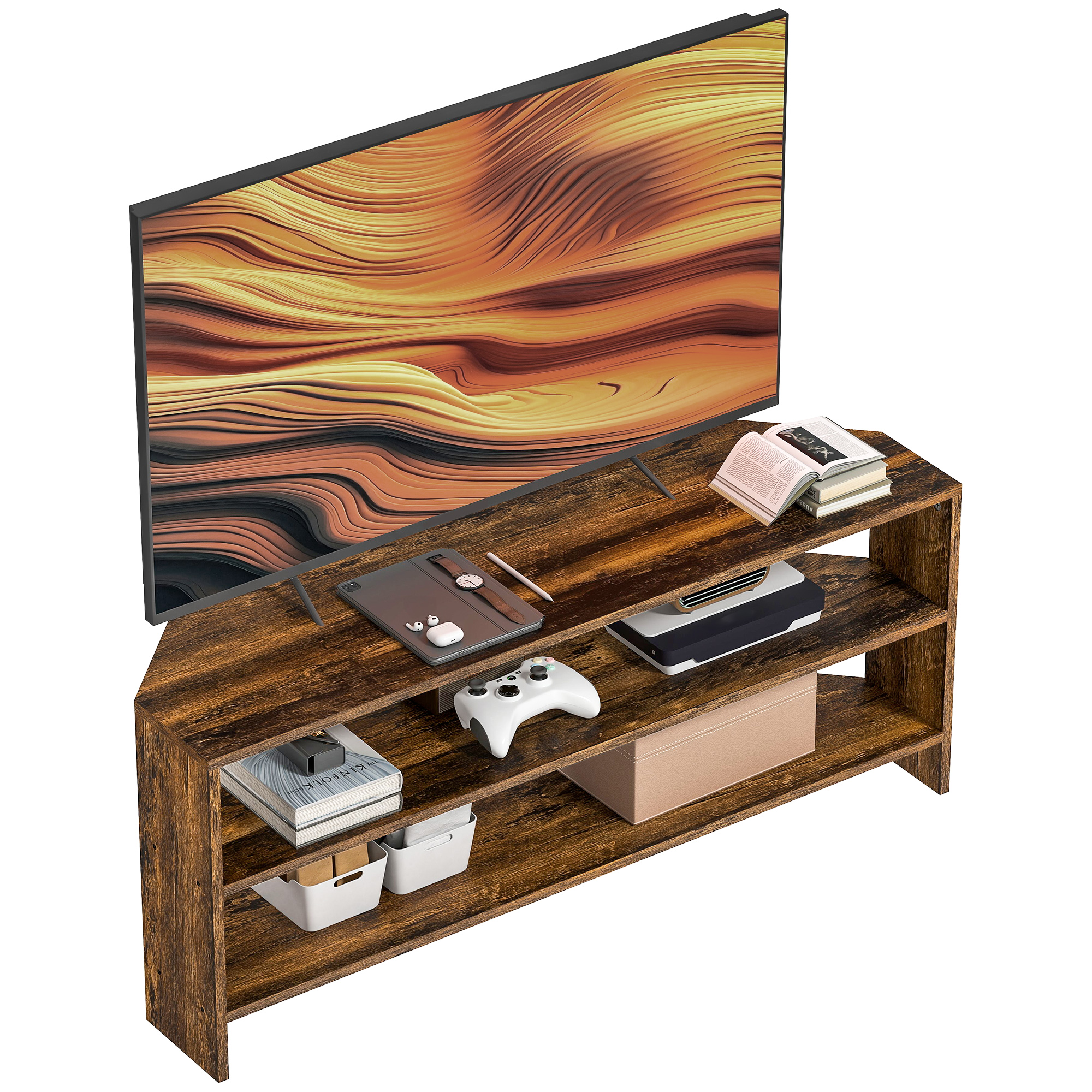 TEMU Corner Tv Stand For 47 Inch Television, Modern Tv Unit With 2 Open Shelves For Living Room, Bedroom
