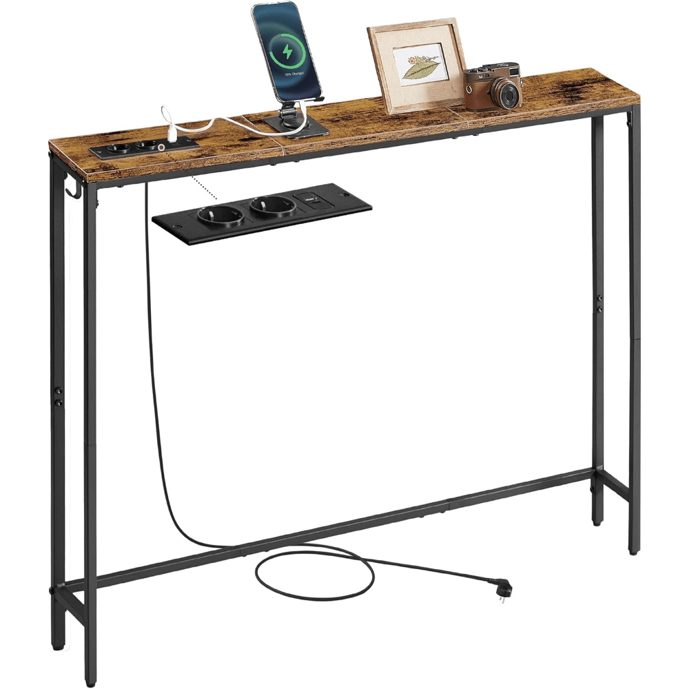 Console Table With Charging Station, Slim Sofa Table, Hall Table, 15 X 100 X 80 Cm, With Hooks, Easy Assembly, For Hallway, Living Room