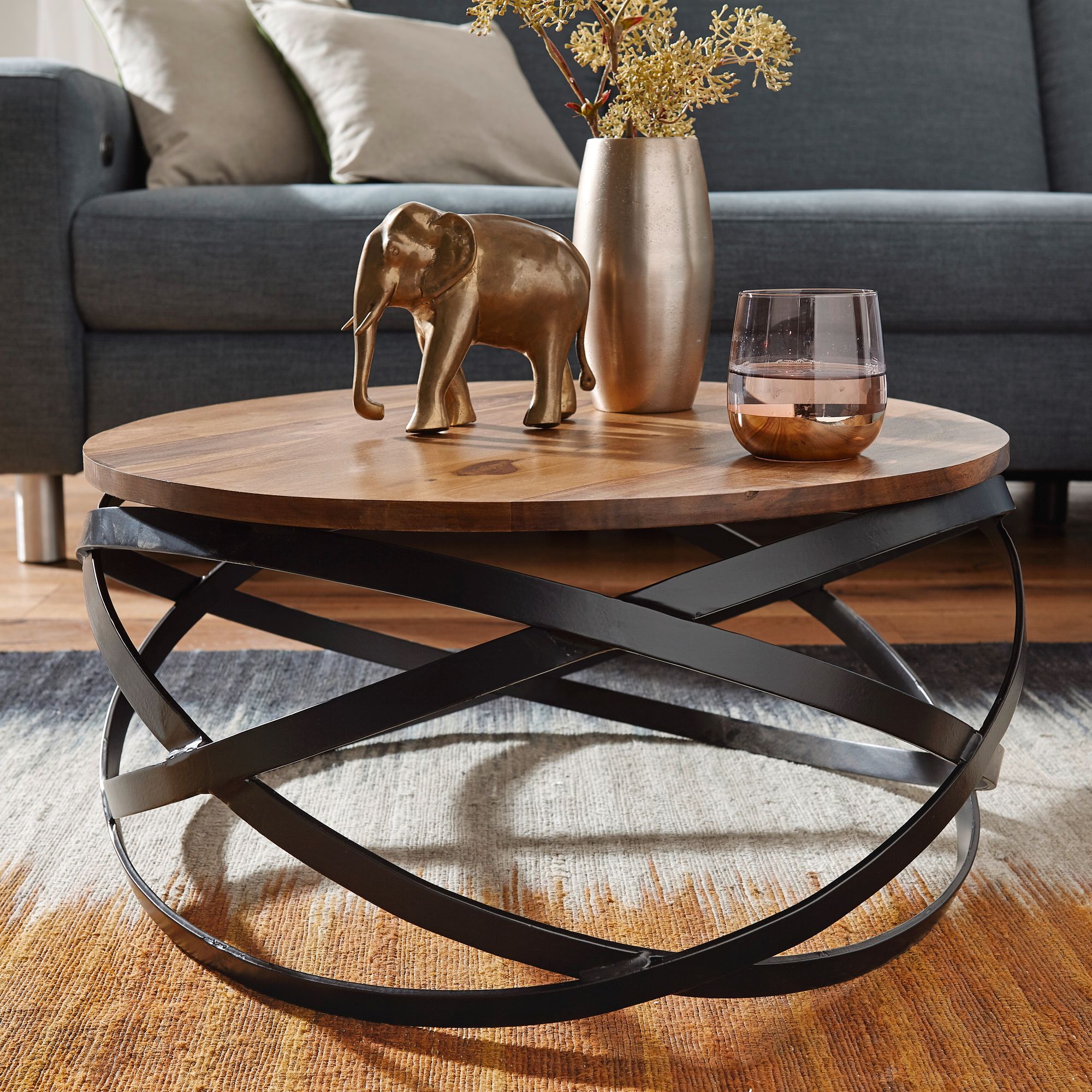 E-shop Couchtisch MANUR 60x30x60 cm Massivholz / Metall Sofatisch, Design Wohnzimmertisch Rund, Stubentisch Industrial Braun, Designer Holztisch