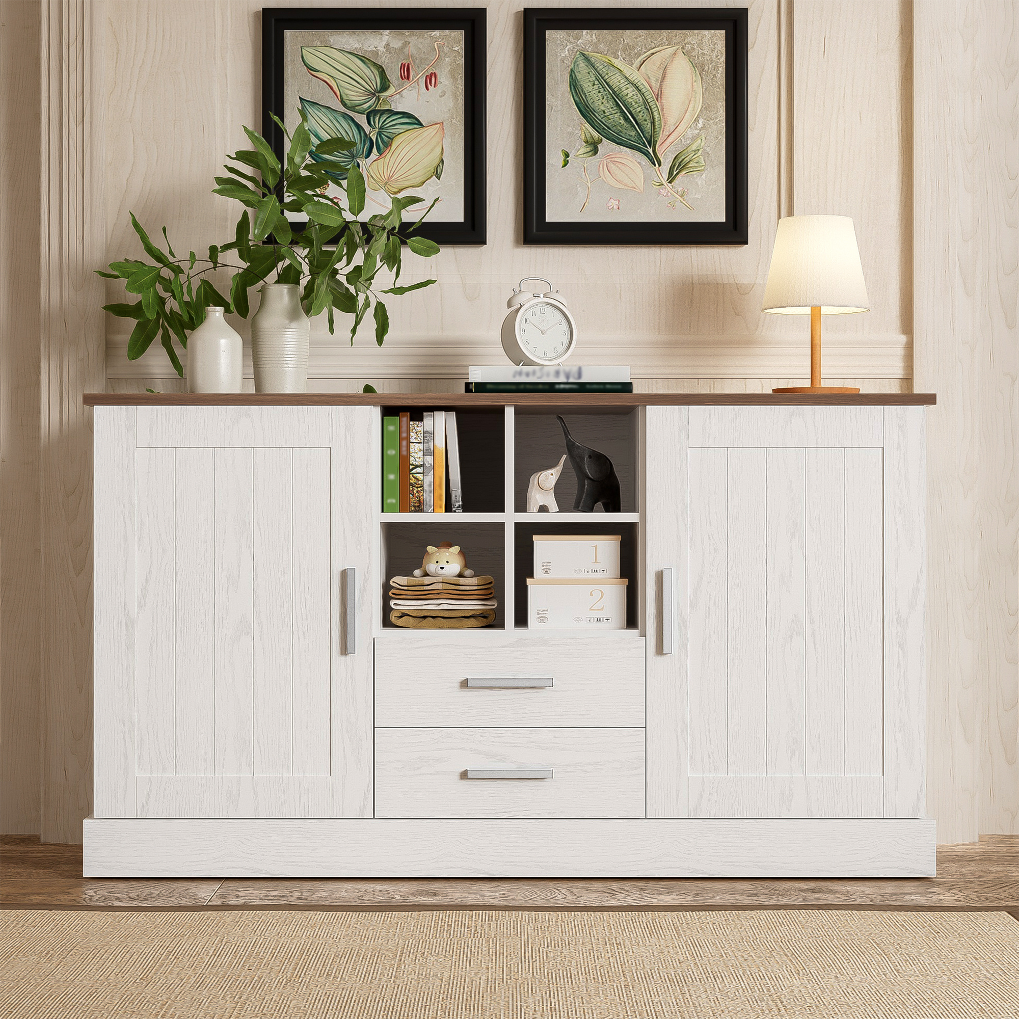 Sideboard 140 X 40 X 79.5 Cm, White And Brown Wood Grain - 2 Doors, 2 Drawers