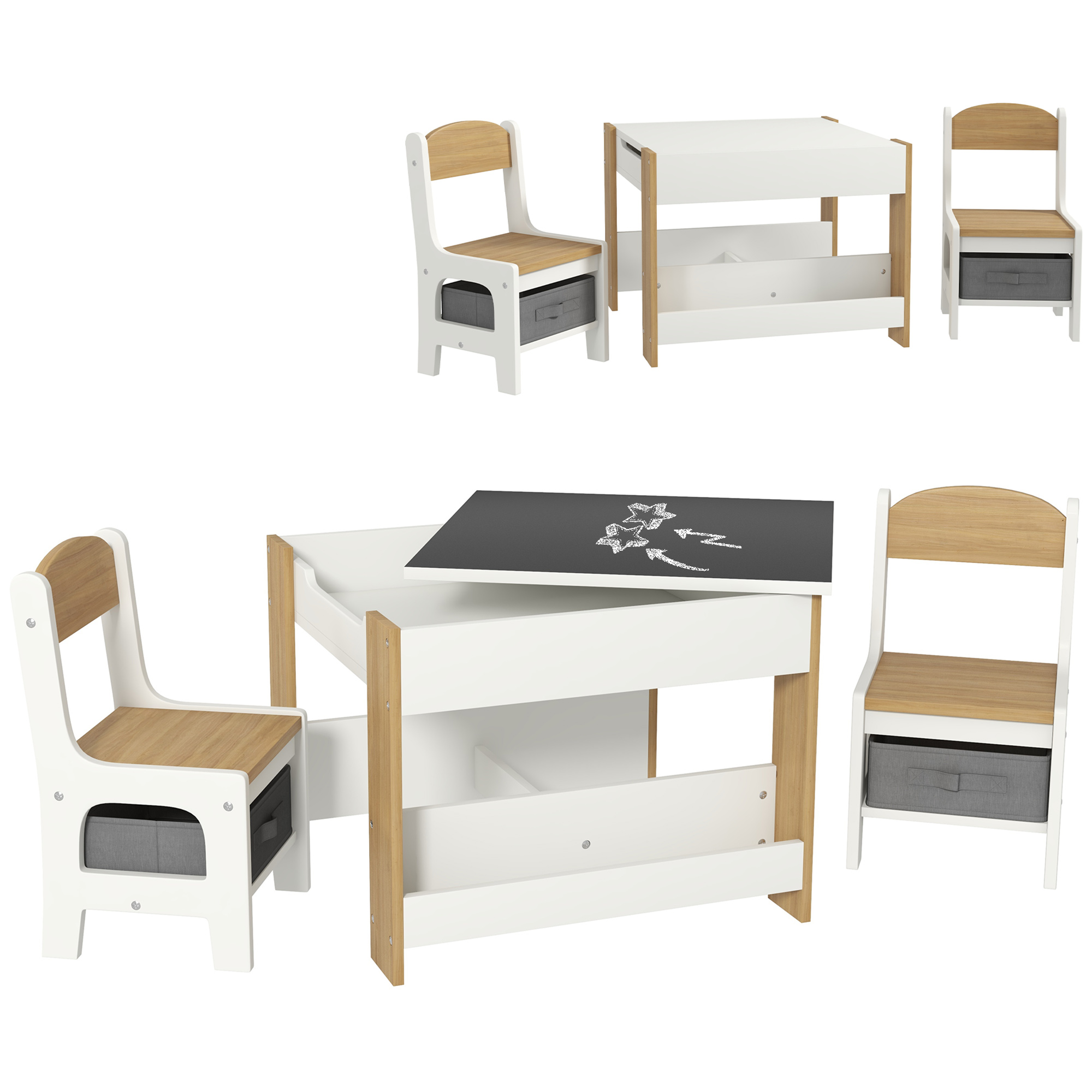 TEMU HOMCOM Ensemble 3 pièces table et 2 chaises pour enfant avec plateau table réversible noir, panier de rangement, étagères