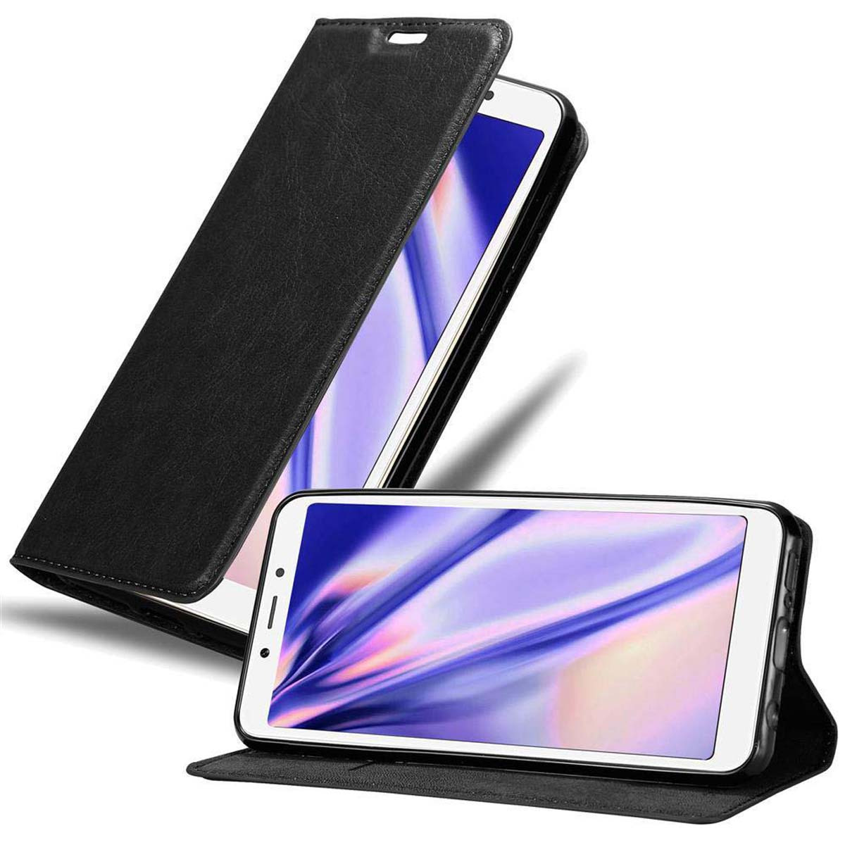 Image of Cadorabo Black Faux Leather Flip Case Cover With Stand, Magnetic , Card Slot And Shockproof For Xiaomi Redmi 6a, 6.6 Feet Drop Protection Book Style Wallet Case