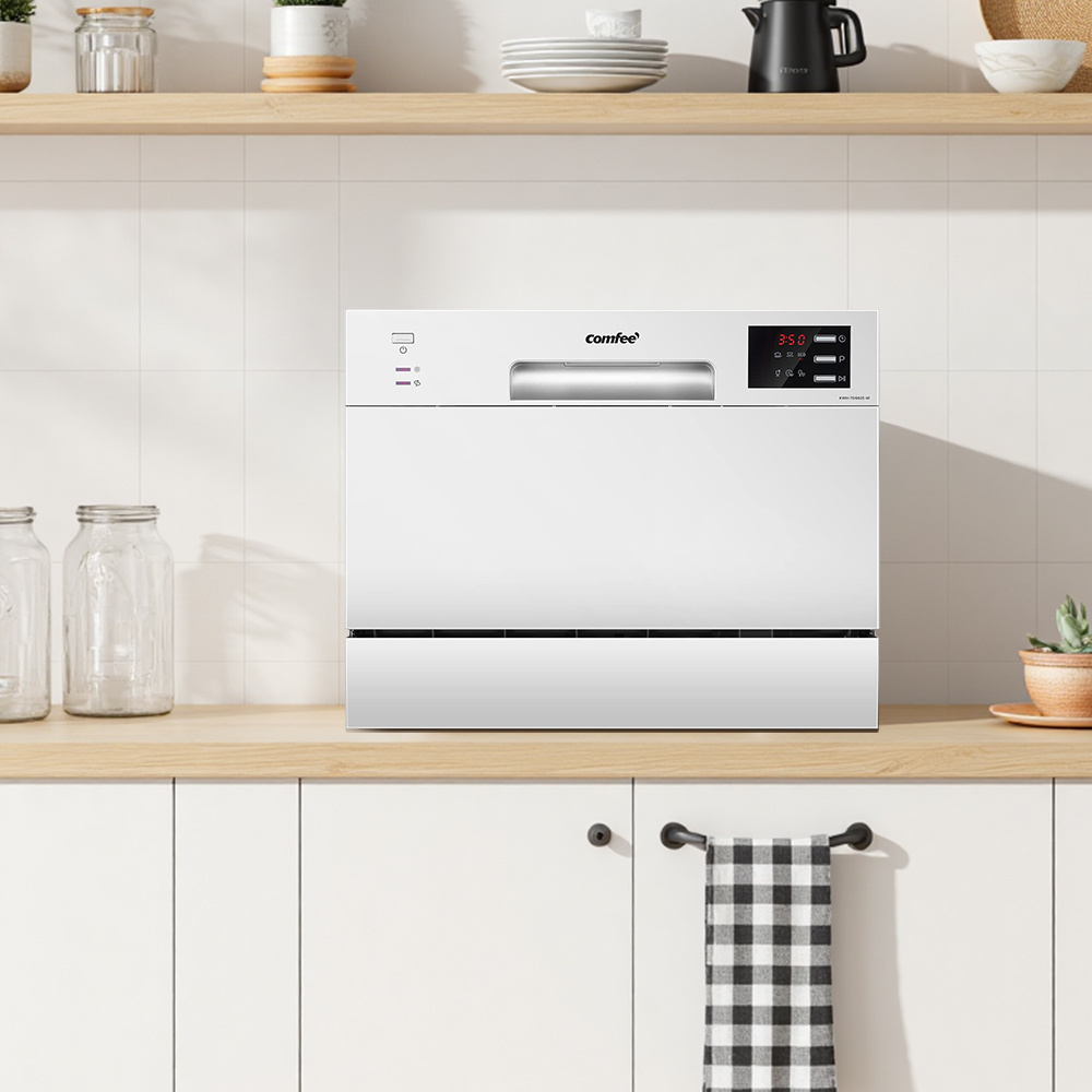 Midea COMFEE' Compact Tabletop Dishwasher – 6 Place Settings (Fits 67 Tableware Pieces, Up to 250mm Plates), 47dB Quiet Noise, Mini Countertop Size for Small Families & Couples, LED Display, 1-24H Delay Start, 6.5L Low Water (1/5 Vs Handwashing), White (Energy Class F) – Space-Saving for Small Kitchens